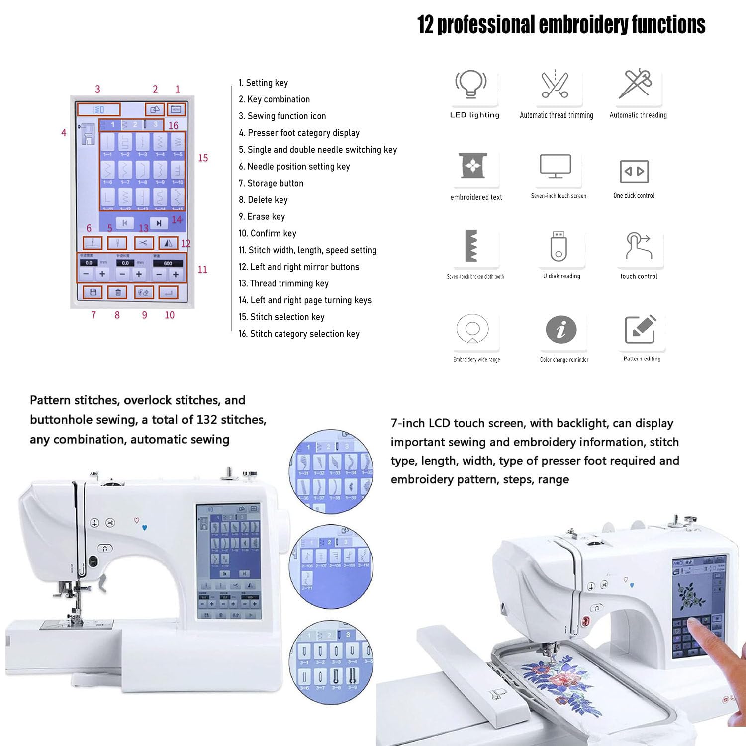 Máquina Bordar Completamente Automática,96 Patrones/8 Patrones Digitales/10 Marcos,área Marco 4" X 4",Pantalla Táctil 9",Adecuada para Prendas Vestir Y Ropa Cama