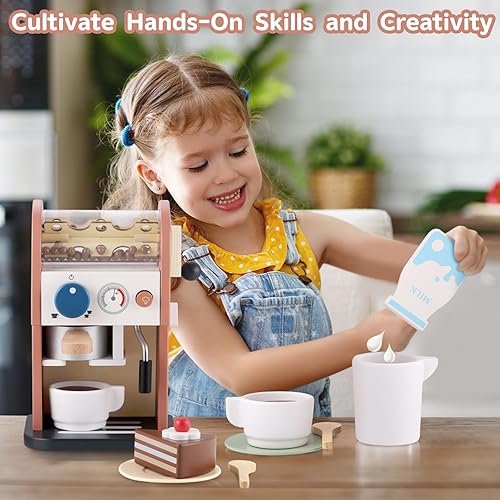Miniatura 8 de GAGAKU Cafetera de madera de juguete, 14 piezas, accesorios de cocina, cafetera de juguete para niños, set de juego de simulación, cafetera para