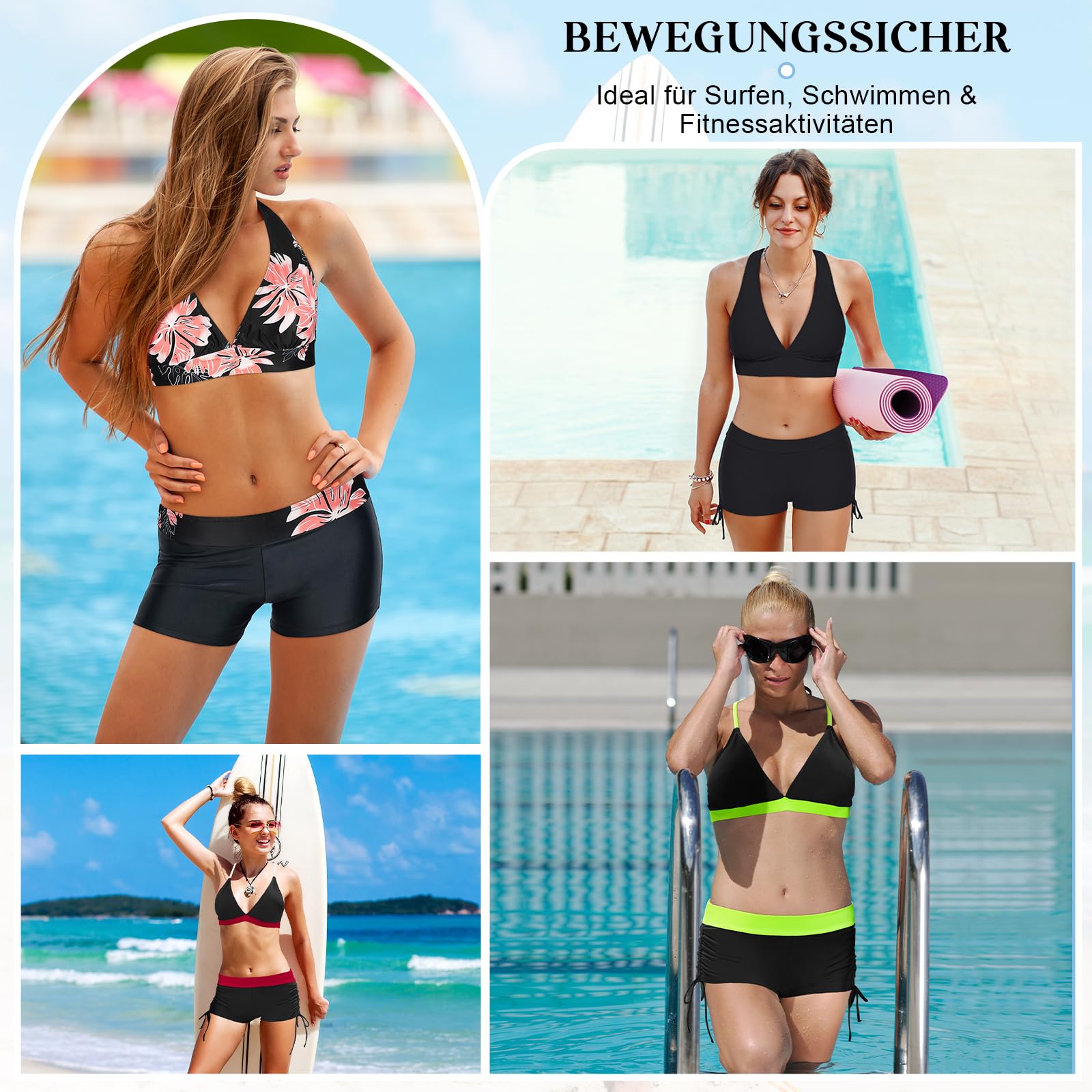 Durio Bikini Damen Set - Push up Bikini-Set Sport für Damen Sexy Oberteil Sportlich Boxer Shorts Farbblock Zweiteiliger mit Träger Verstellbar Hohe Taille Badeanzug Bademode