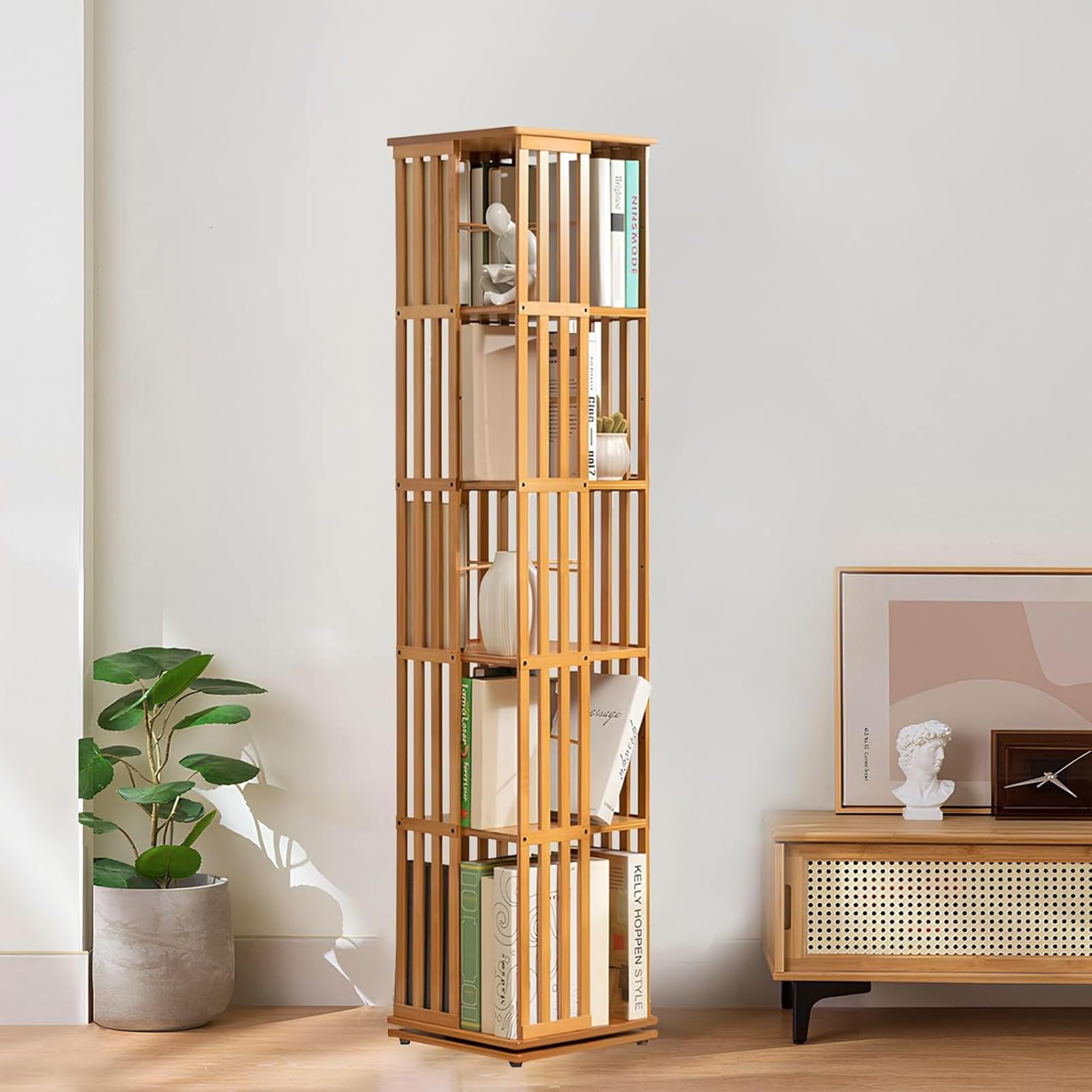 Biblioteca giratoria de bambú a niveles, estante giratorio de 360° con vitrina de esquina, estante para libros y decoración - Estantería de almacenamiento para niños y adultos - Biblioteca