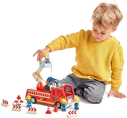 Miniatura 2 de Tender Leaf Toys - Motor de bomberos - Camión de bomberos de madera con bomberos y accesorios - Cuenta historias, juego de simulación y juego