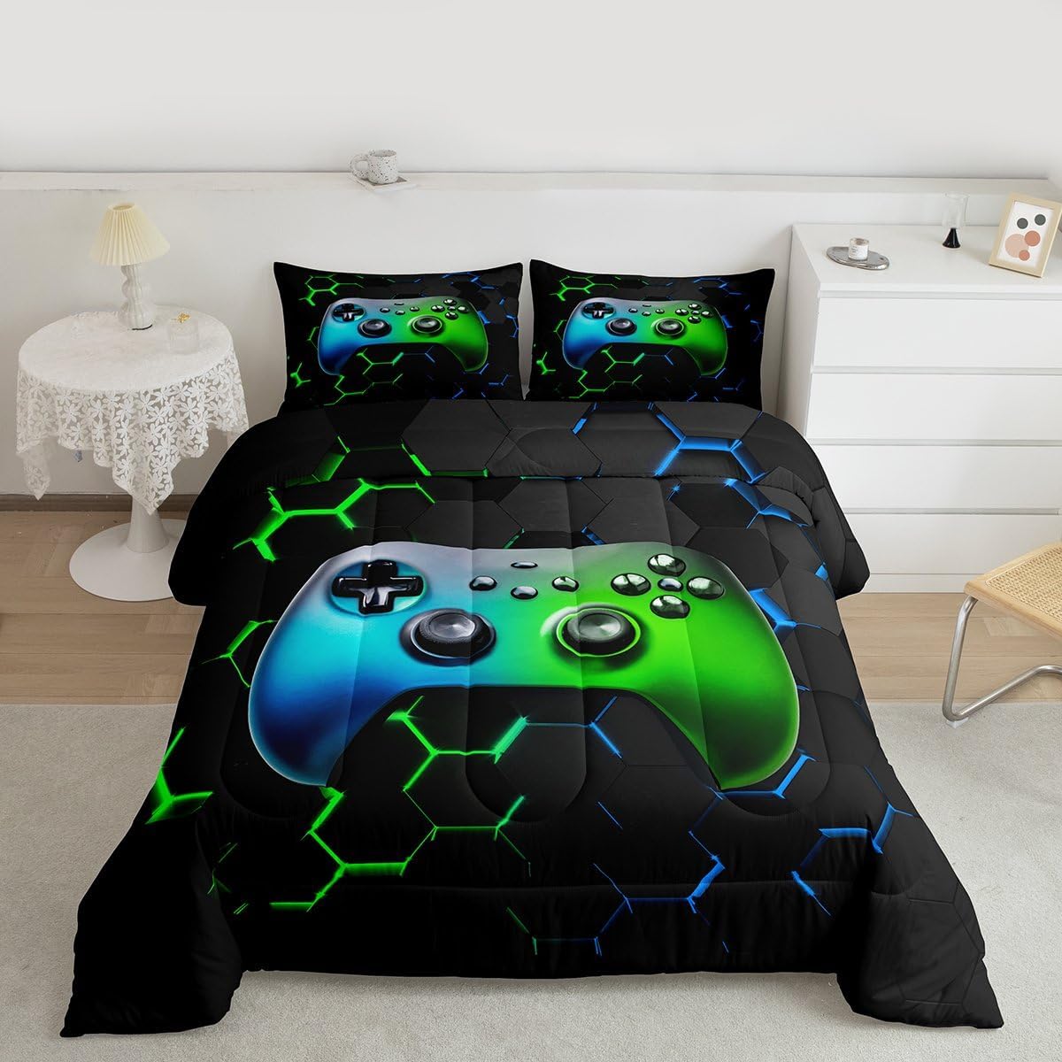 Castle Fairy Boys Gamer Reversible Full Size Comforter Set Gaming Cool Gamepad Bedding Set for Kids Adults Teens Modern Geometric Hexagon Comforter Luxury Video Game Quilt Set Room Decor 3Pcs