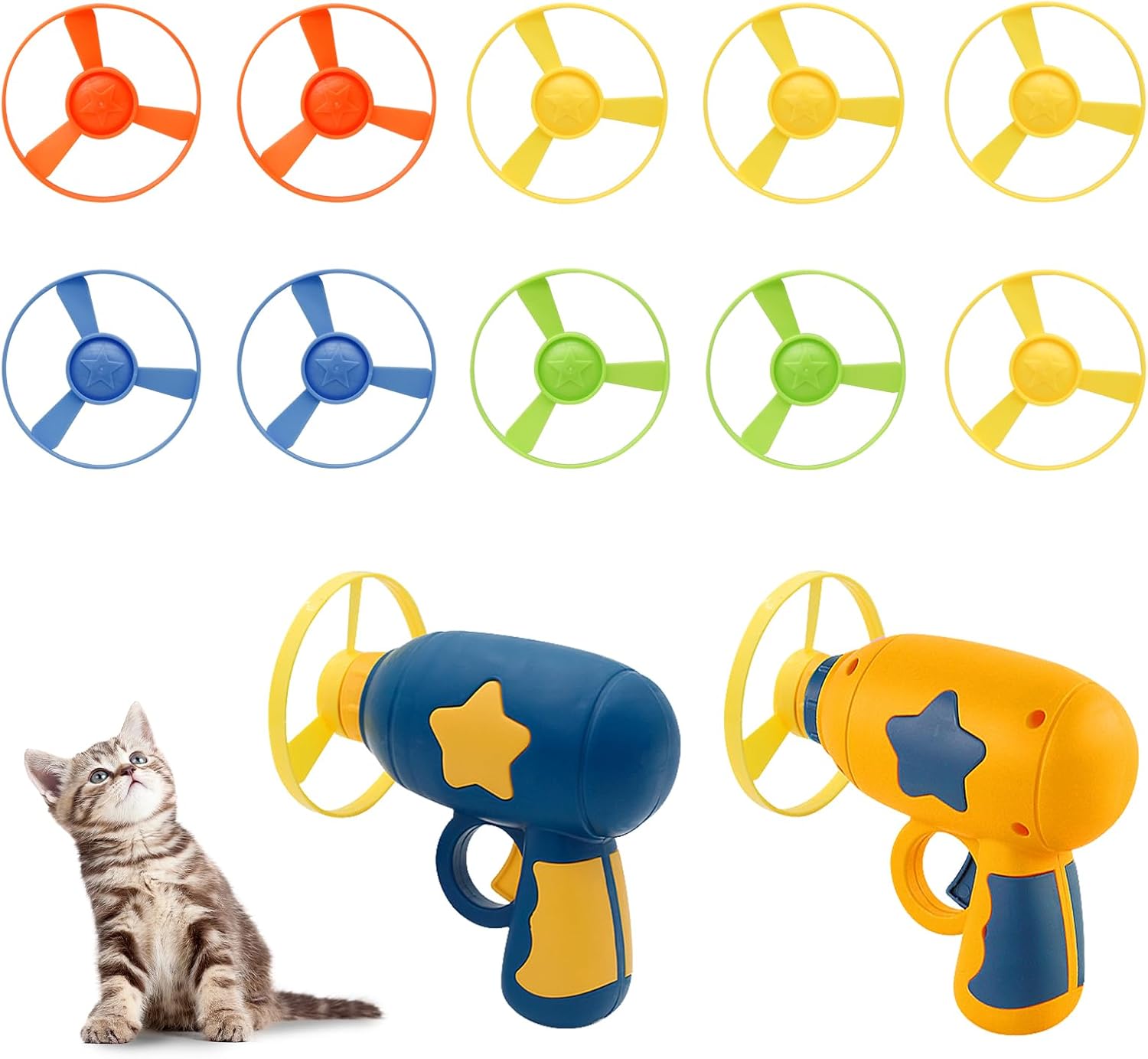 Andiker Cat Fetch Toy, Interactive Kitten Flying Disc Launcher Toy with 5 Colorful Flying Propellers for Cat Enrichment, Flying Saucer Toy for Cats for Training and Chasing (Yellow+Navy Blue(10pcs))
