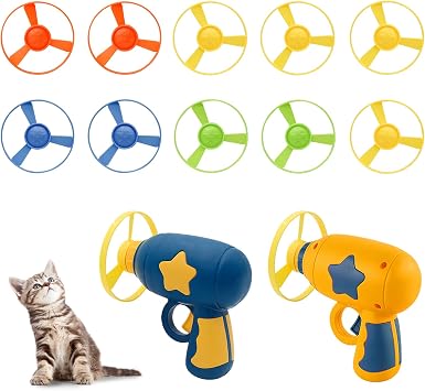 Andiker 猫フェッチトイ、インタラクティブ子猫フライングディスクランチャートイ 5つのカラフルなフライングプロペラ 猫のエンリッチメント、フライングソーサートイ トレーニングと追跡用 イエロー+ネイビーブルー10個