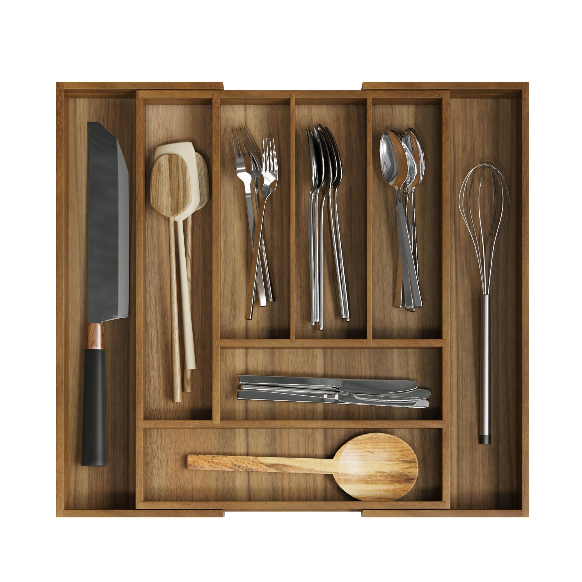 Smuxee Acacia Wood Kitchen Silverware Drawer Organizer, 8 Compartment Utensil Holder, Kitchen Drawer Divider for Silverware and Kitchenware