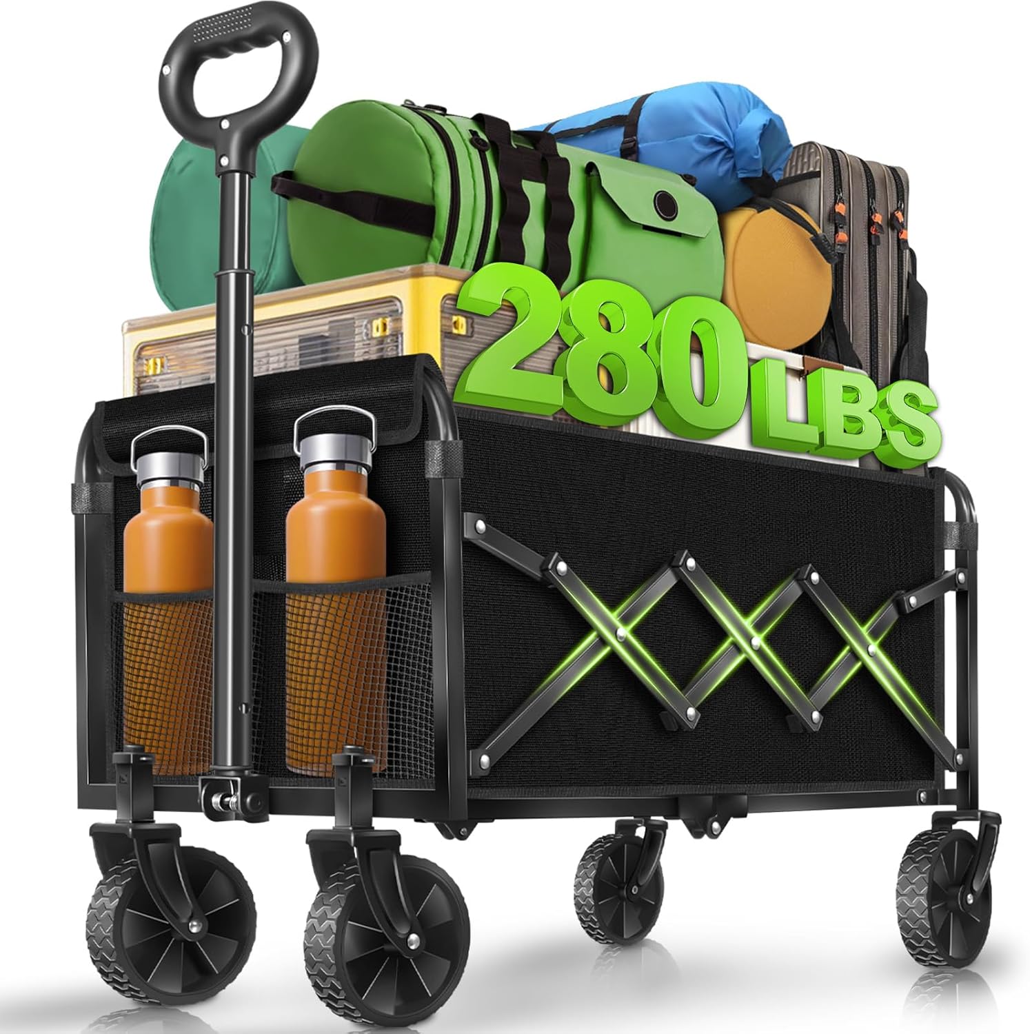 Wagons Carts Foldable, 280LBS Heavy Duty Collapsible Wagon Cart with Wheels, Portable Folding Utility Cart with Adjustable Handle & Cup Holder for Grocery, Camping, Sports, Outdoor, Garden - Black