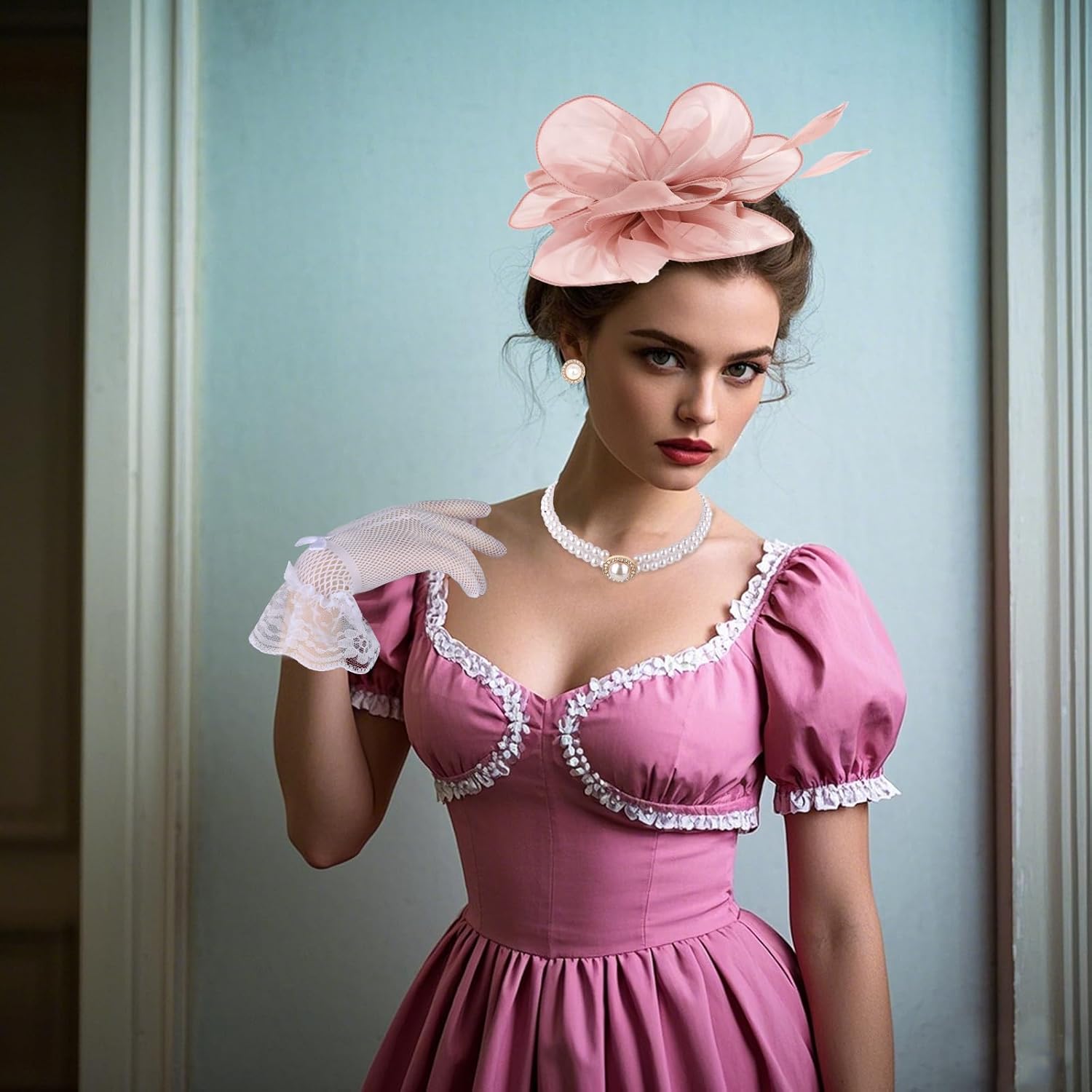 Fascinators Hat for Women 4 Pcs Tea Party Hat Set with White Lace Gloves Pearl Necklace Earrings for Cocktail Wedding Funeral - Image 2