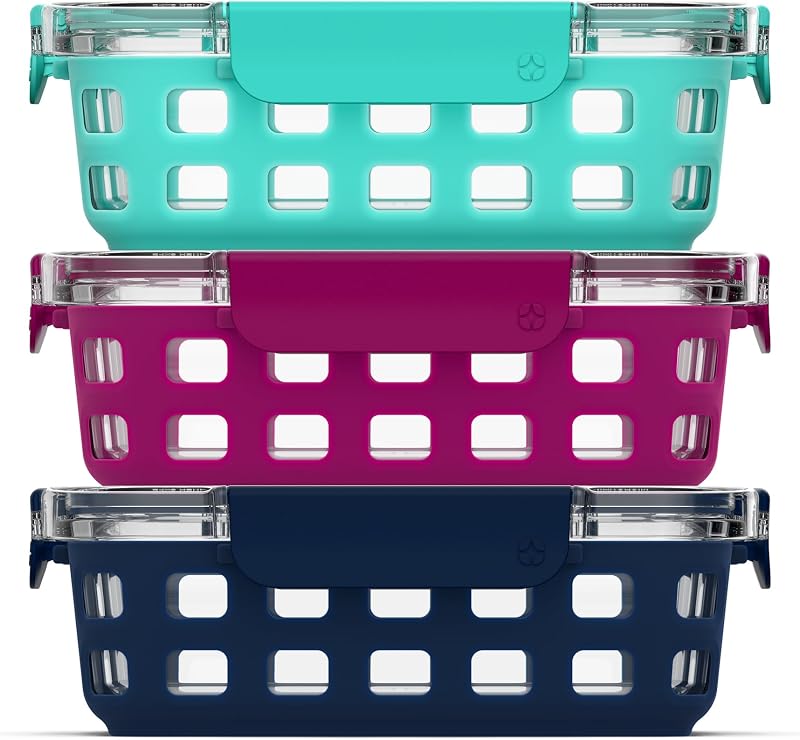 Ello Duraglass 3.4 Cup Glass Meal Prep Containers, 6 Pc, 3 Pack, Mixed Berry
