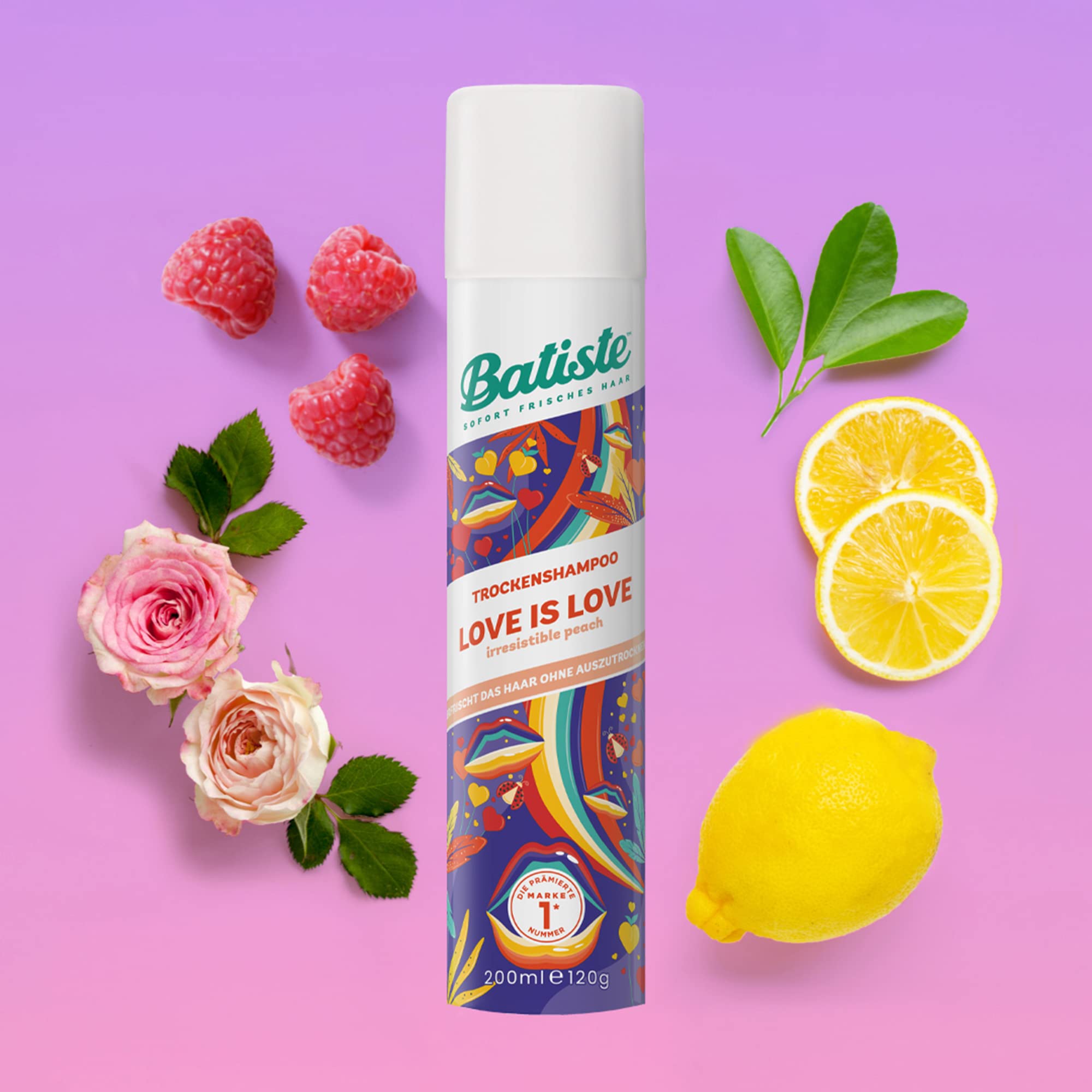 Batiste Suchy szampon Love is Love 200 ml, z zapachem, słodko-owocowy zapach kwiatowy, do odświeżenia włosów pomiędzy myciem włosów, bez spłukiwania