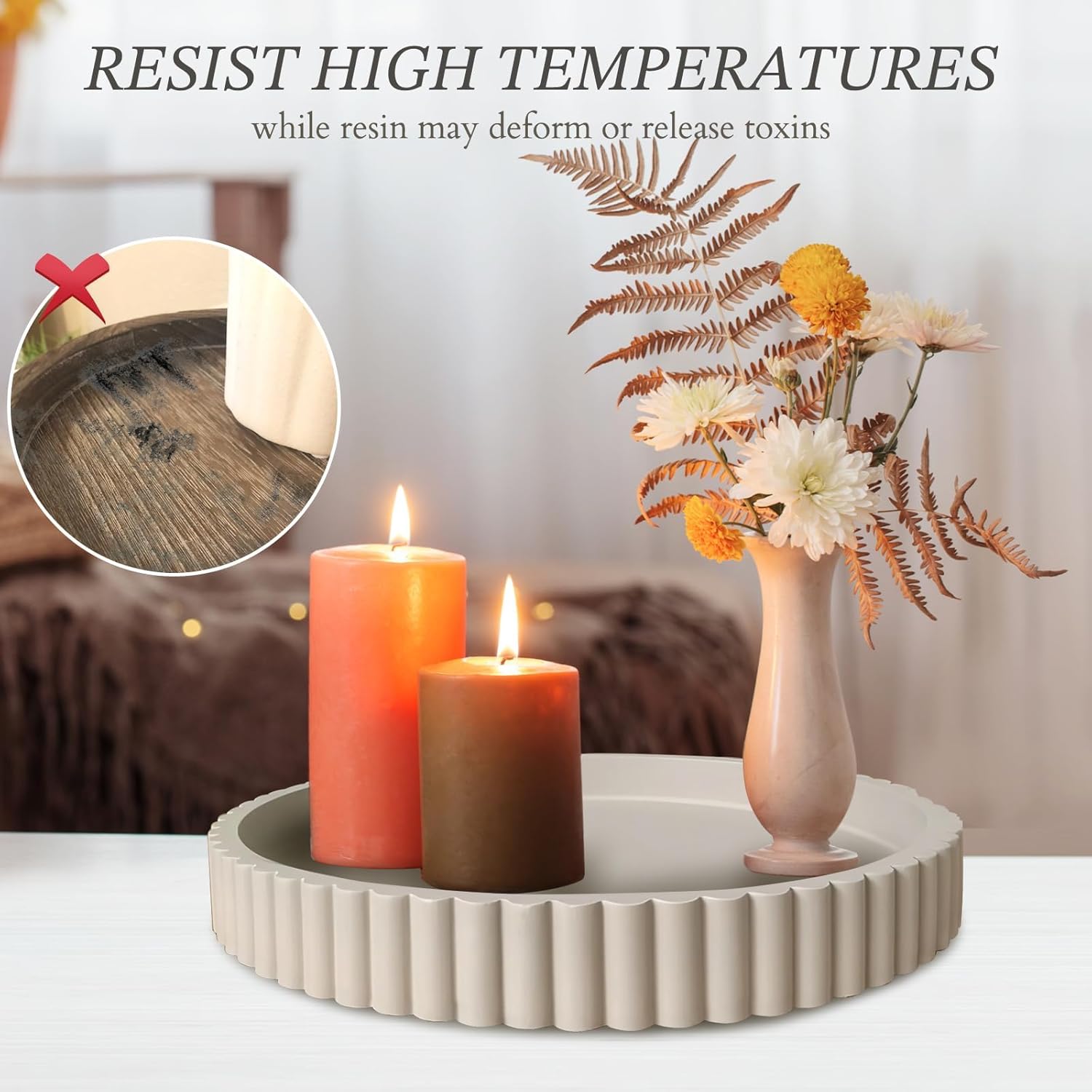 13" Round Solid Concrete Decorative Tray - Heavy Duty Fluted Centerpiece for Coffee Table, Serving, Patio, Home Office & Entryway - Modern Home Decor Trays(Gray) - Image 7