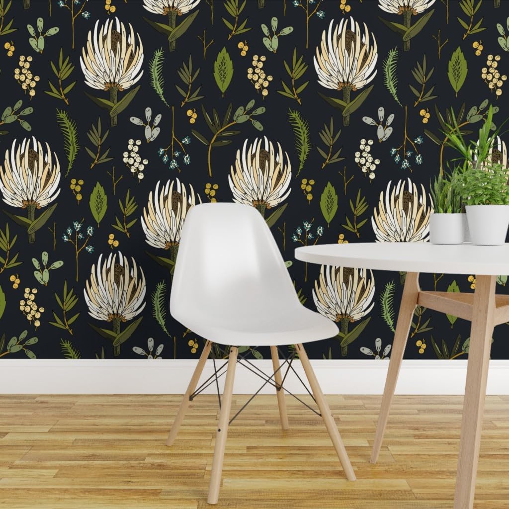 Removable Wallpaper 12ft x 2ft - Protea Neutral Floral Botanical Botany Leaf Boho Nature Kitchen Decor Spring Custom Pre-Pasted Wallpaper by Spoonflower