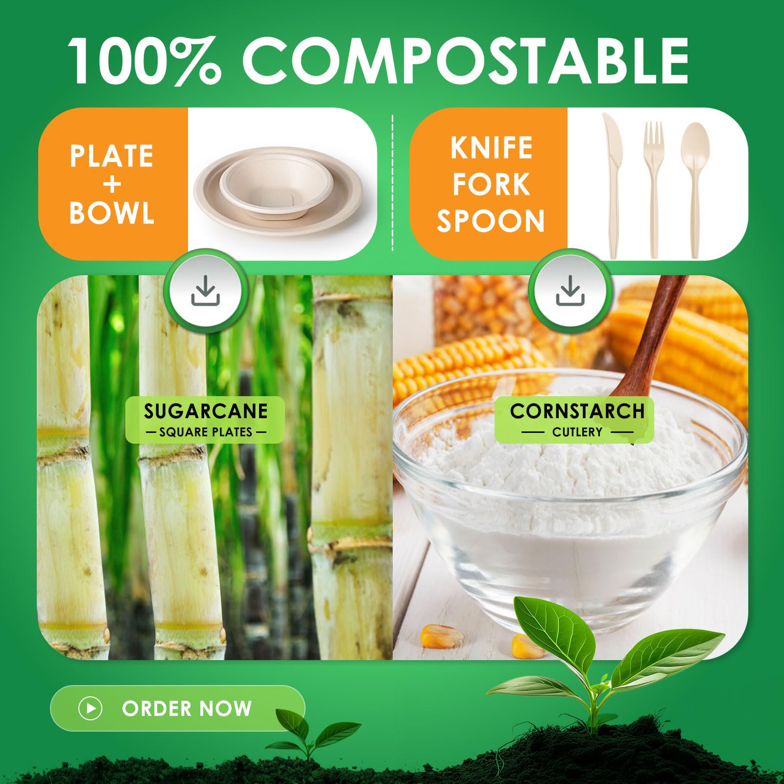 Eco-Friendly Plates & Bowls - 250 Piece Set -3 Eco-Friendly Plates & Bowls - 250 Piece Set -3