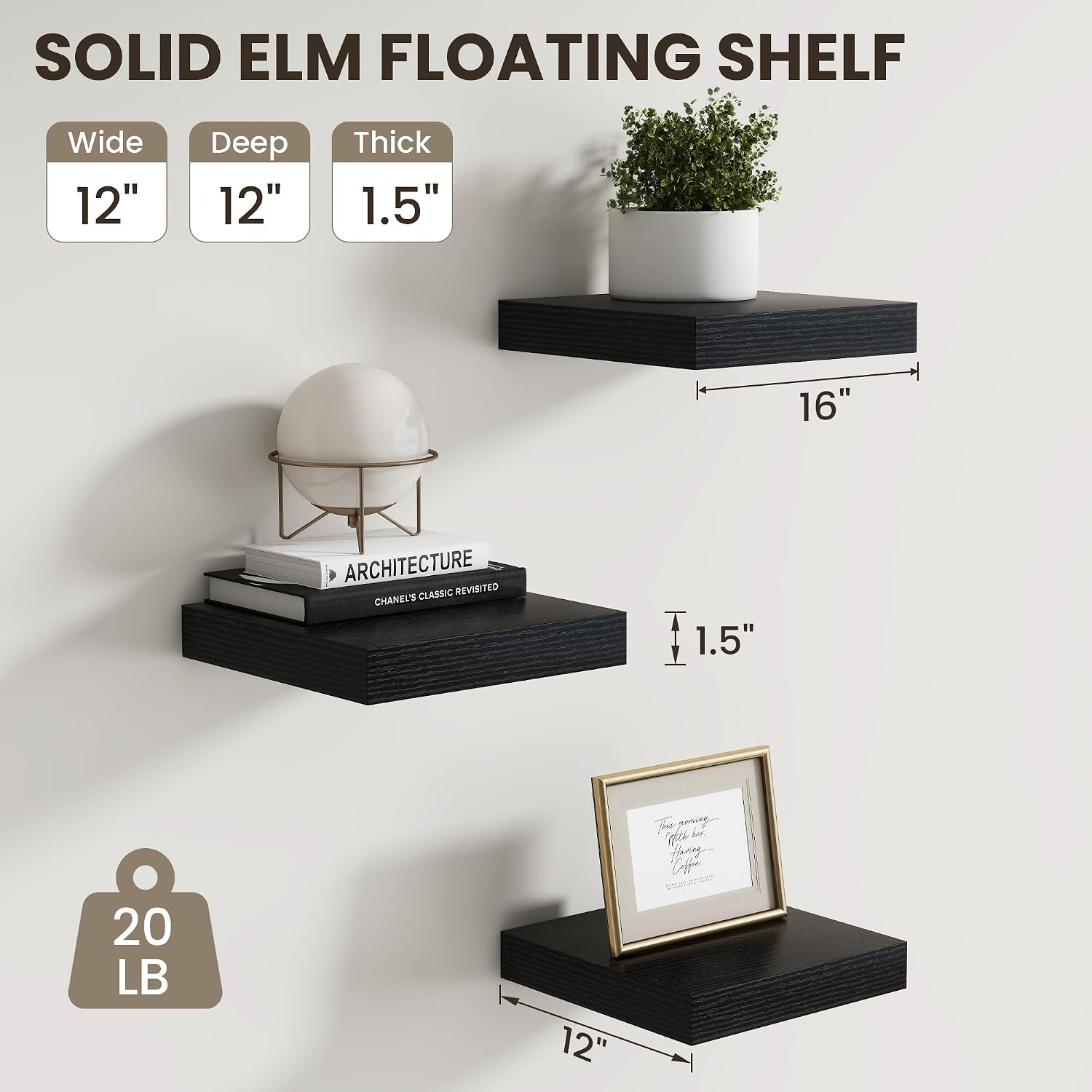 Dreamland Floating Shelves for Wall, Small Deep Floating Shelf Square Wall Shelf, Rustic Display Shelves for Living Room, Bathroom, Kitchen - 12" W X 12" D, Black