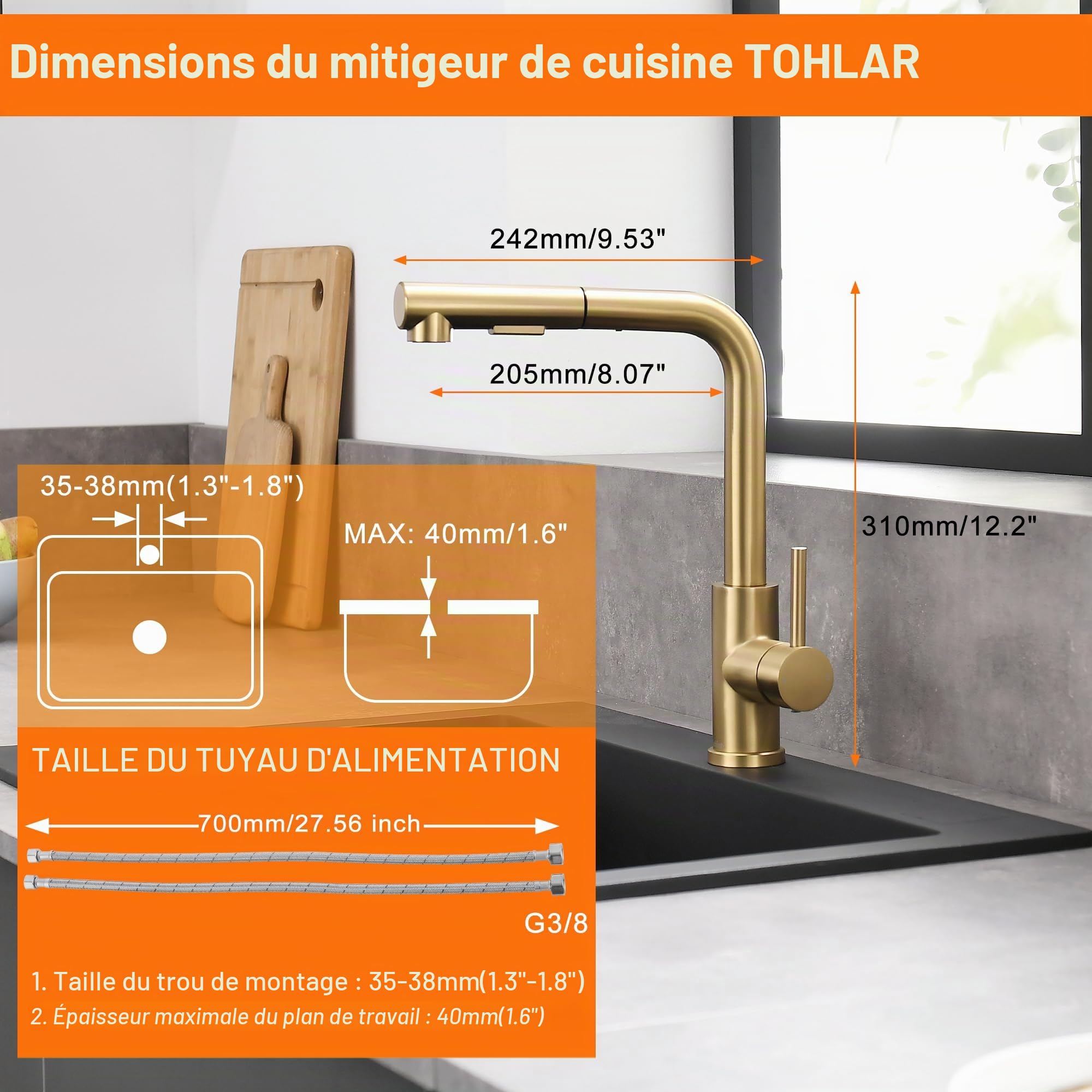 Tohlar robinet de cuisine doré, amatur extensible avec douchette magnétique, deux types de jet, robinet d'évier haute pression, en forme de L, acier inoxydable brossé