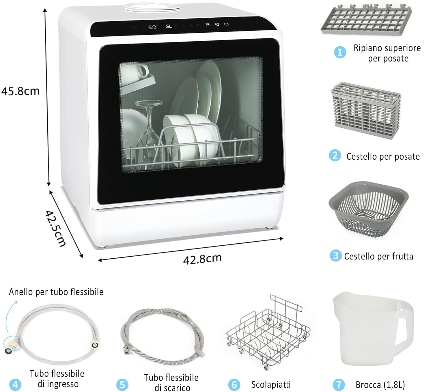 YU YUSING Mini Lavastoviglie Piccola 45 cm 5 Coperti, 5+1 Programmi, Asciugatura PTC, con o senza Alimentazione Idrica, Lavastoviglie Portatile, Serbatoio da 5L, Display LED, Bianco e Nero