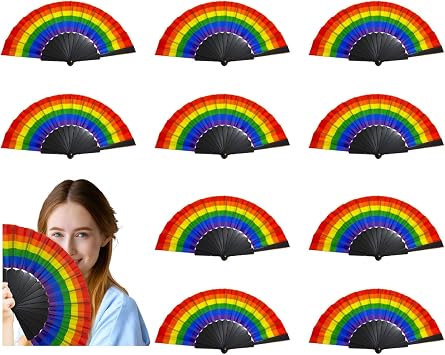 AMS 10pcs 9 Rainbow Hand Fans, Pride Folding Hand Fan, Colorful LGBT Hand Held Fan, Plastic Folding Fan for Music Festival Events Party and Dance Supplies Black, 10pcs