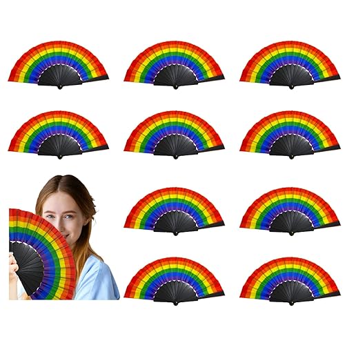 AMS 10pcs Rainbow Hand Fans, Pride Folding Hand Fan, Colorful LGBT Hand Held Fan, Plastic Folding Fan for Music Festival Events Party and Dance Supplies (Black, 10pcs) - 10pcs - Black