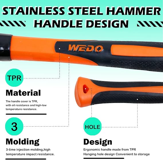 WEDO Non-Sparking Testing Hammer,Spark-free Safety, Fiberglass Handle,Aluminum Bronze,DIN Standard,BAM & FM Certificate,150g*280mm
