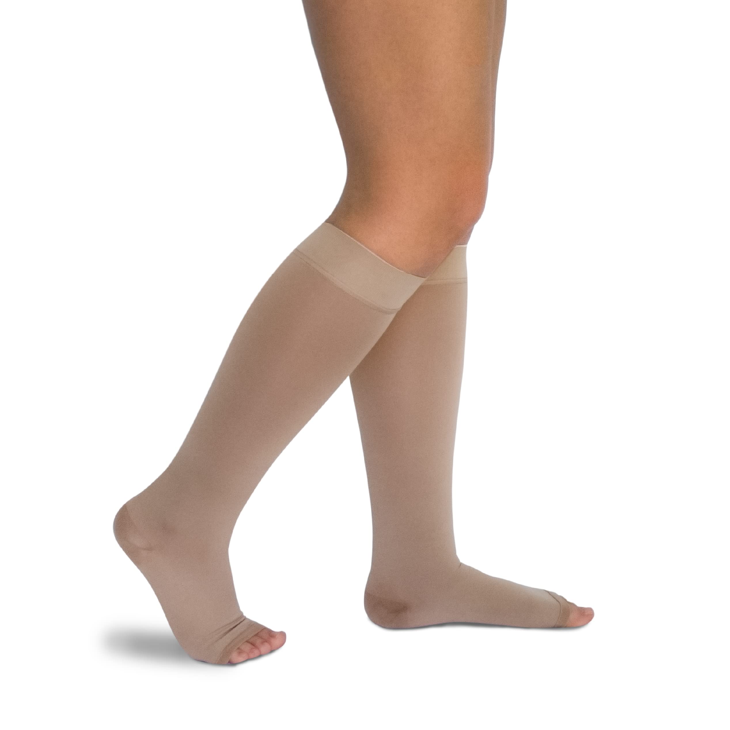 Gambaletto Terapeutico Classe 2 a Compressione Graduata, Calza Elastica Contenitiva a Punta Aperta, 280 Den, Beige, Taglia 1