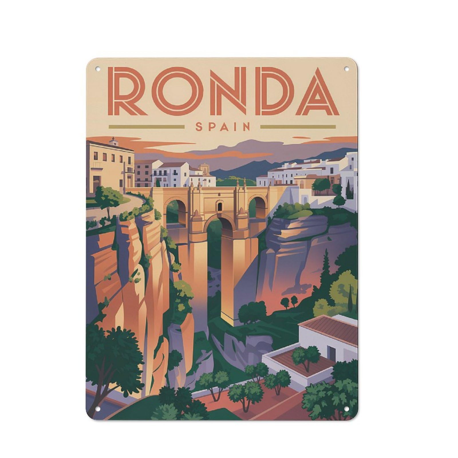 Junmoney Style-15 Ronda Spain Vintage Travel Tin Sign 40X30cm, Creative Studio Wall Plaque For Hobby Room, Office, Lounge Or Living Room