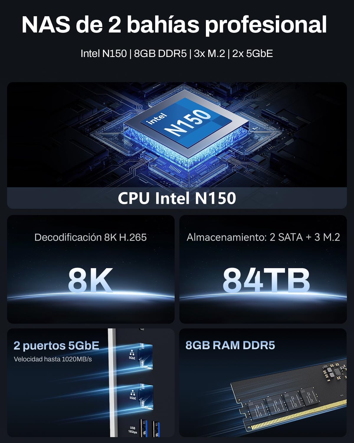 TERRAMASTER Almacenamiento NAS F2-425 Plus 2 Bahías CPU Intel N150 Quad-Core, 8GB RAM DDR5, 5GbE LAN x 2, Ranura M.2 x 3, Almacenamiento Conectado a Red para Trabajo en Equipo(Sin Discos) 3
