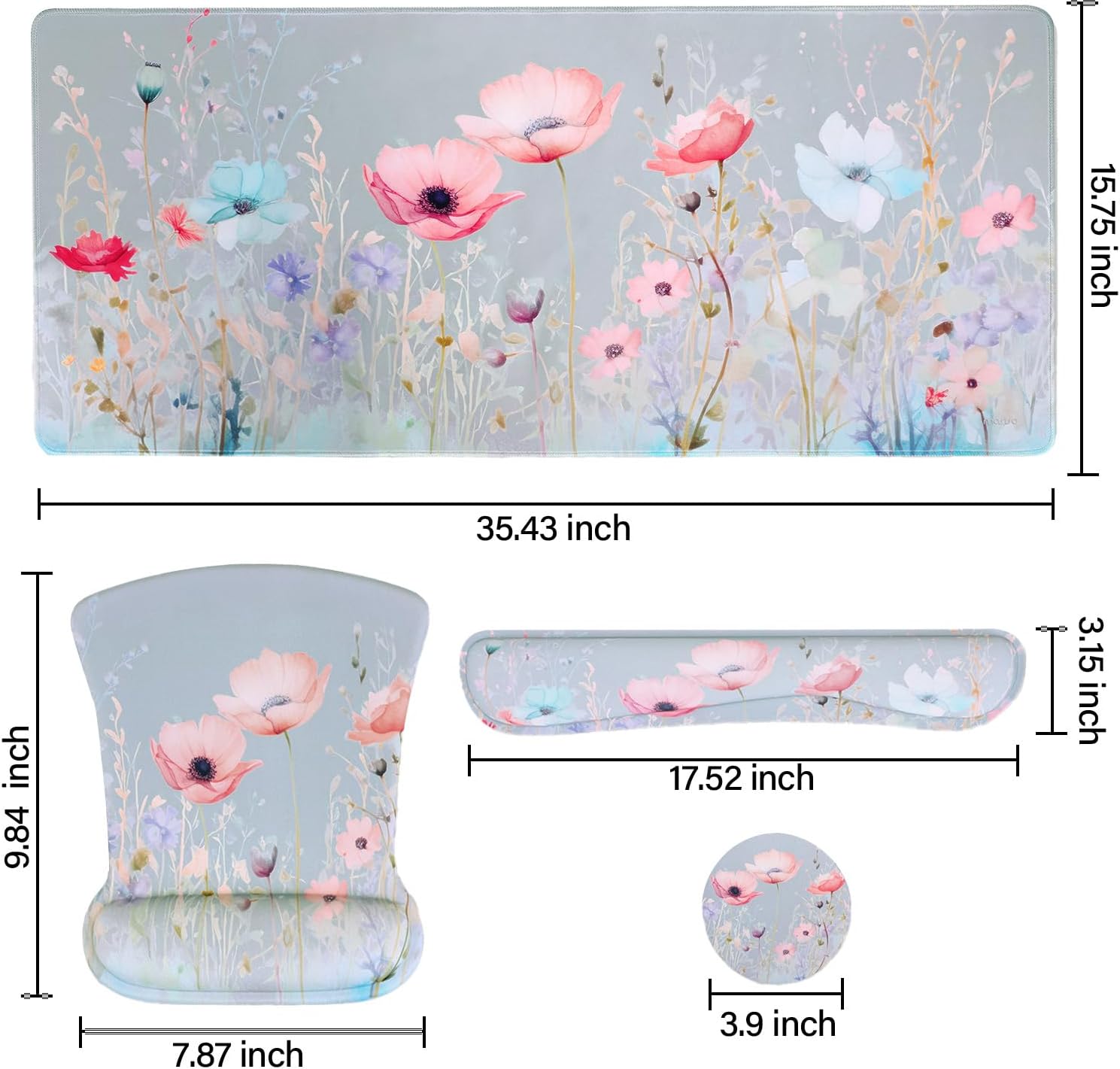 MOSISO Desk Mat Keyboard Mouse Pad Set, Large Gaming Mouse Pad&Keyboard Wrist Rest&Mousepad with Wrist Rest&Coaster, Ink Wildflower Ergonomic Non-Slip Cushion with Memory Foam for Home Office, Gray - Image 6