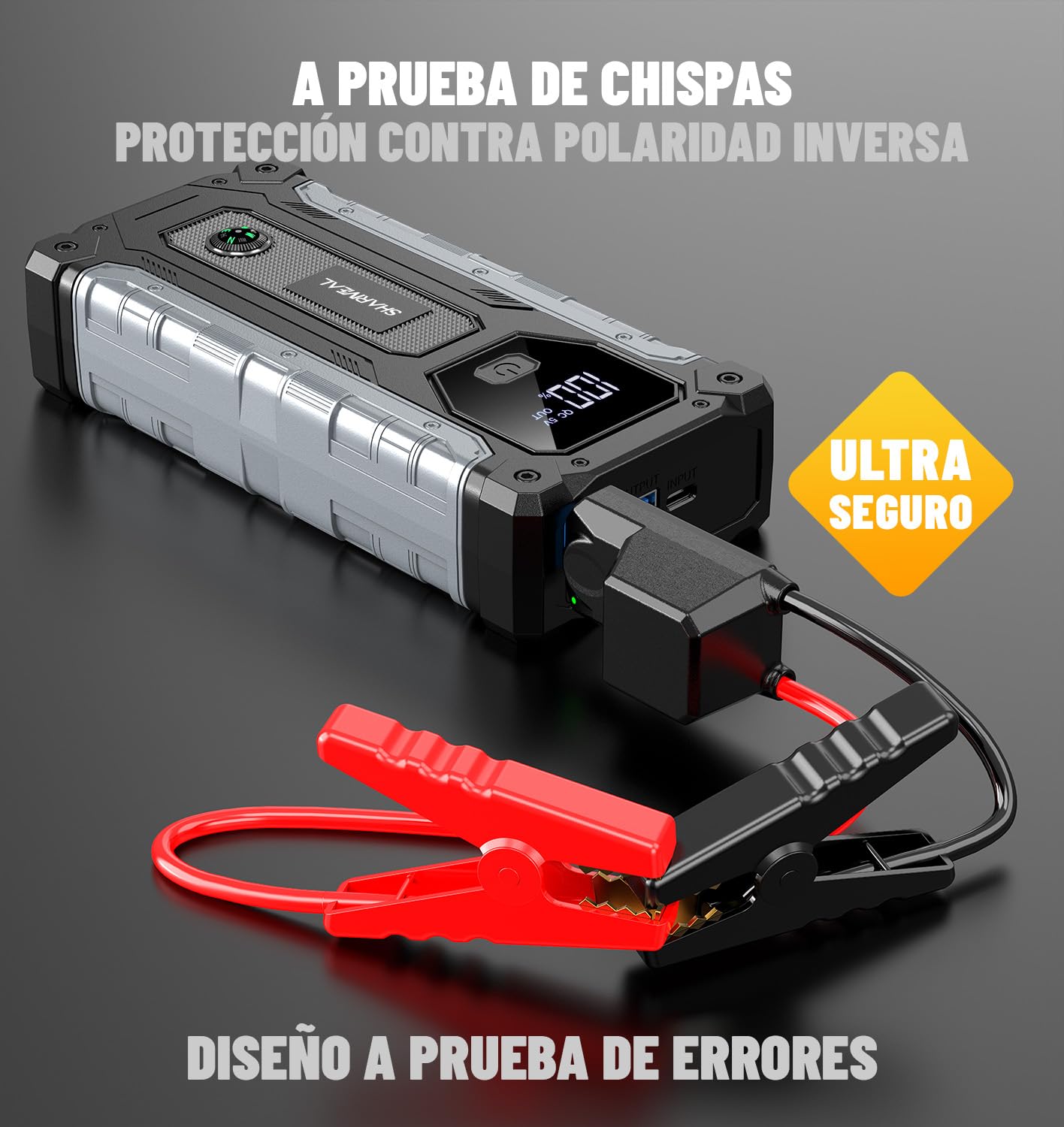 Arrancador de Coche, 10000A Arrancador de Baterías de Coche, 12V Arrancador de Portátil con para All Gasolina o 10L Diesel, Clips de Seguridad Inteligentes, Portable Jump Starter con Linterna LED