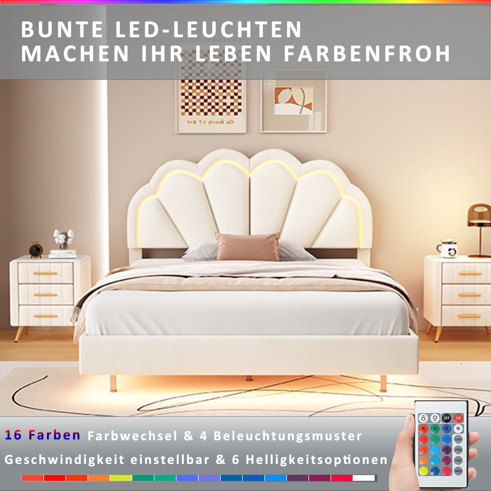 Polsterbett Doppelbett 140x200 cm für Mädchen, Mädchenbett Jugendbett, Gepolsterter Schwebender Bettrahmen mit LED-Lichtleisten und Kopfteil in Blumenform, Samtstoff,Beige