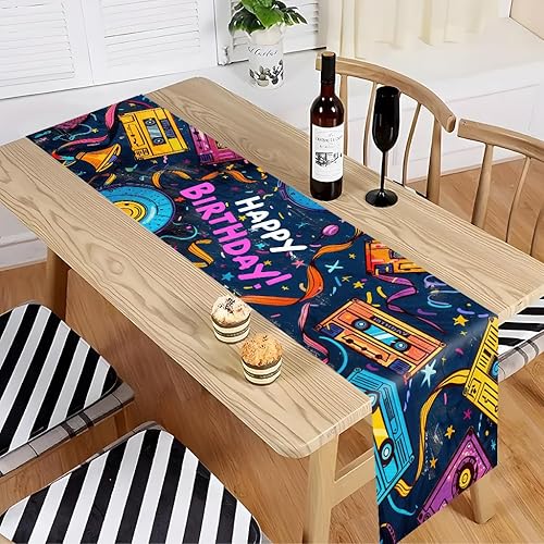 Miniatura 3 de JCJT Camino de mesa retro de cumpleaños, diseño de cassette neón de los años 80 y 90, poliéster, azul marino, rosa, amarillo, 70.86 x 13.78