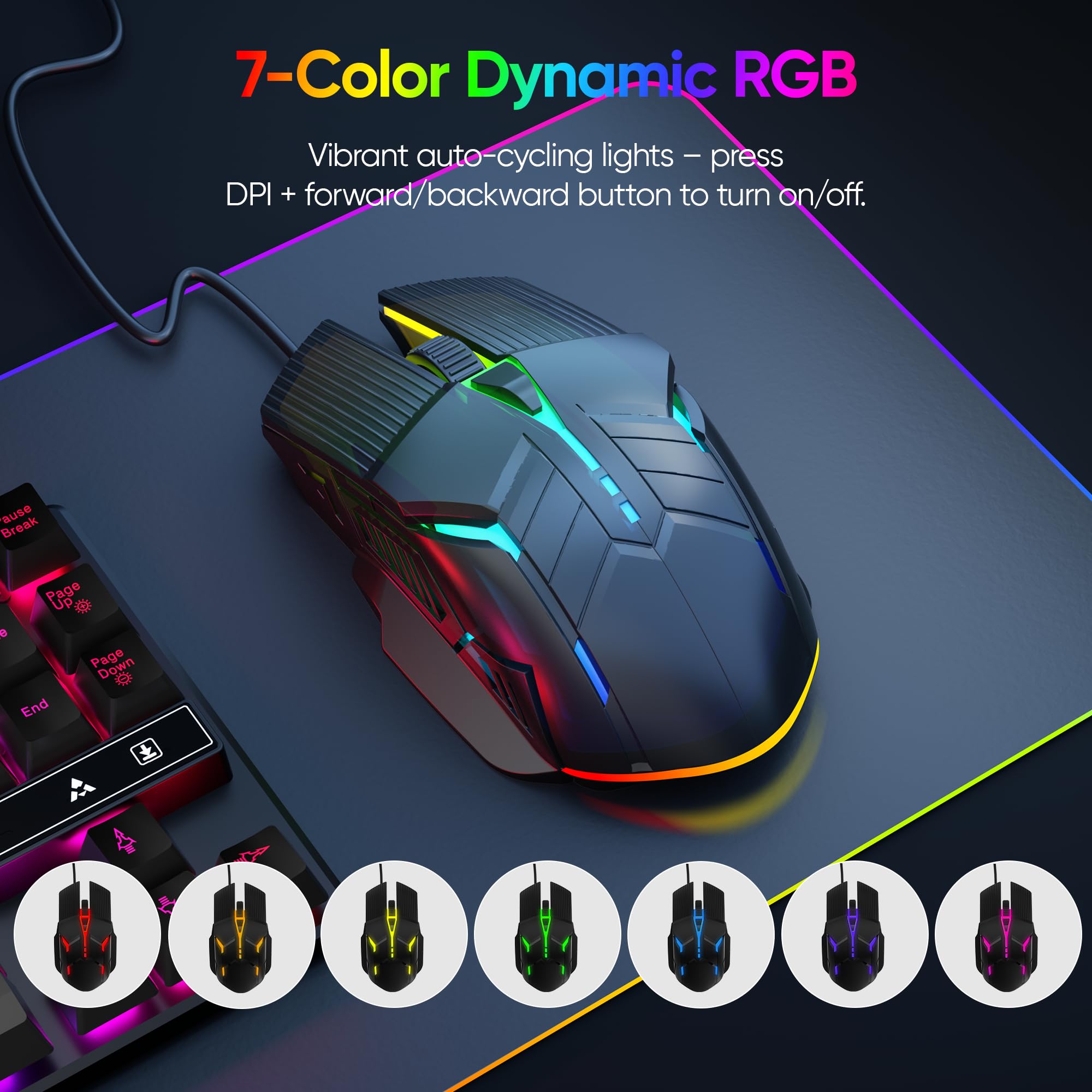 MELOGAGA Ratón óptico para juegos con cable, ligero, USB, con luces LED RGB de 7 colores, 4 DPI ajustables (1200-3200), 6 botones, diseño ergonómico para Windows 7/8/10/XP/Vista y Linux (negro)