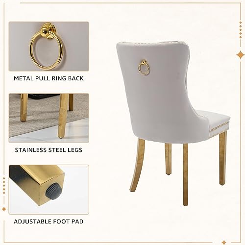 Miniatura 6 de Juego de 6 sillas de comedor de terciopelo, sillas tapizadas con respaldo alto capitoné con ribete de cabeza de clavo y anillo de tracción, patas de