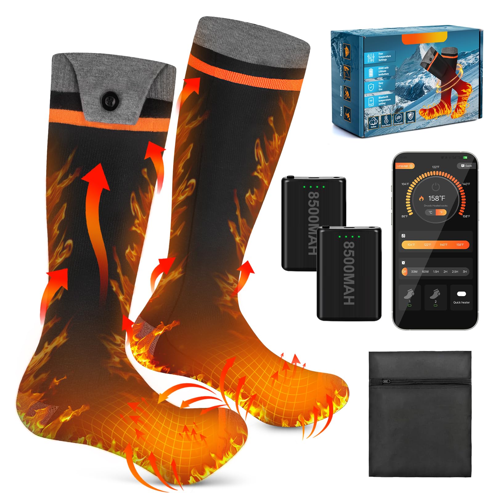 YOOHBERRYS Calze Riscaldate, Calzini Riscaldanti Elettrici con 8500mAh Rechargeable Batteria, Controllo Dell'app Fino a 70 Gradi, Elettricamente Heated Socks per Sci Campeggio Pesca Ciclismo
