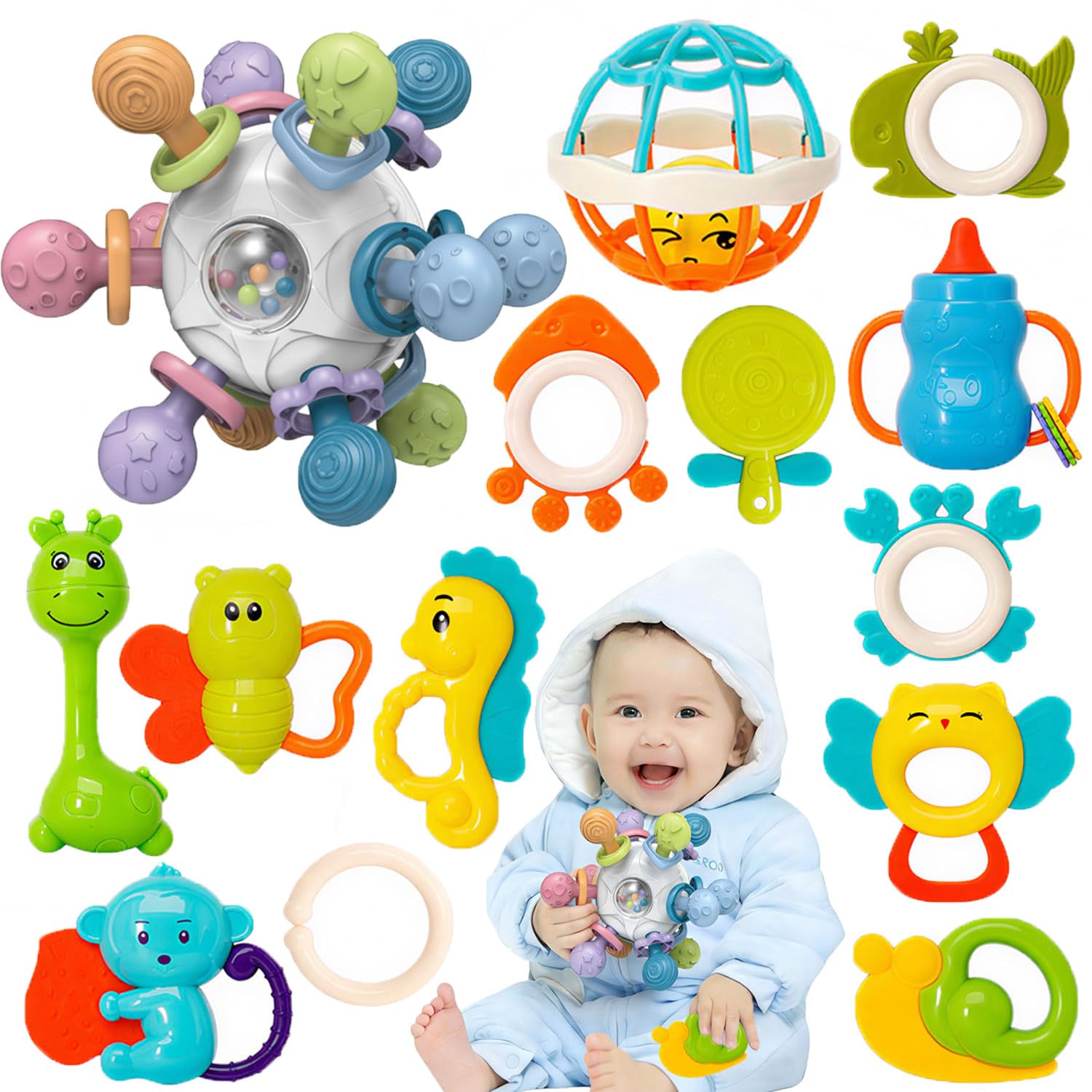Juguetes para Bebe de 0 a 6 Meses, kit 14 Piezas, Bebé Agarre Sonajero 13 pcs + Sonajas Artesanales, Sonajero Juego De Juguetes, Juguetes Sensoriales y Estimulacion Temprana, Regalos para Bebe