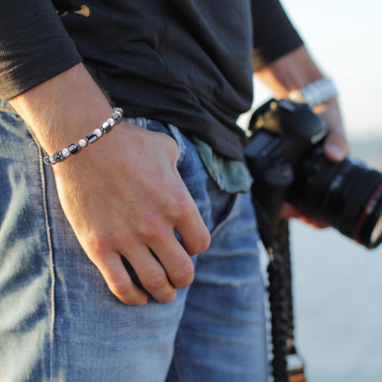 GAVU Stainless Steel Beaded Bracelet for Men, Men's Hematite Bracelet Pearl Bracelet for Men - Image 3