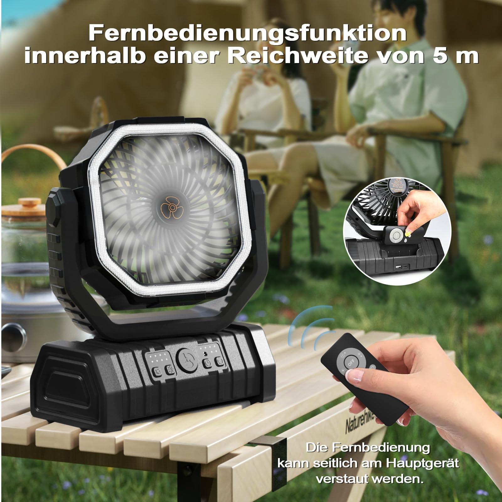 OUWANCH Ventilatore Portatile da Campeggio con Luce LED, 4 Livelli 20000 mAh con Telecomando e Gancio Ventilatore da Tavolo USB Silenzioso per Pesca, Picnic, Barbecue, Escursionismo