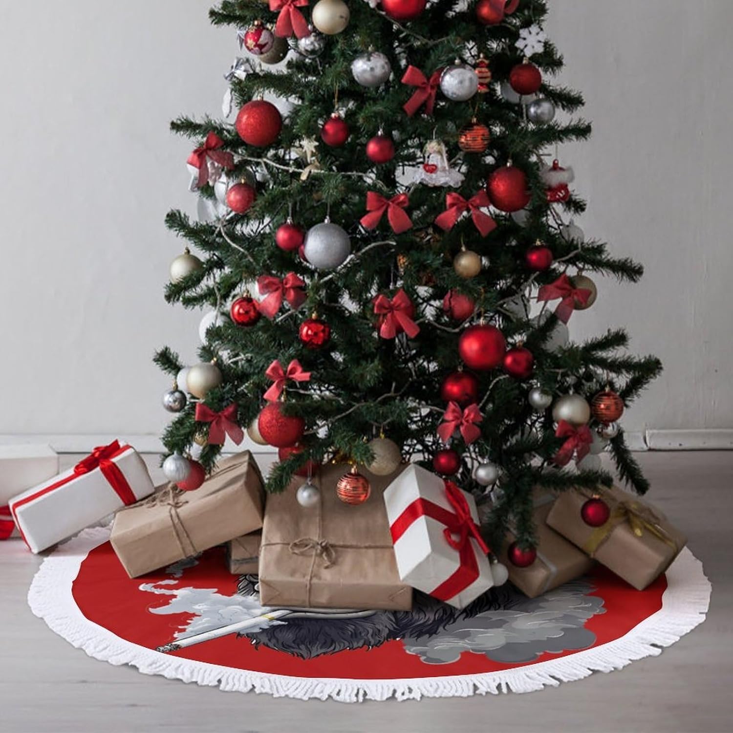 Weed Smoking Gorilla Smoker Christmas Tree Skirt Round Xmas Tree Mat Ornaments Tree Skirts with Tassels for Holiday Party
