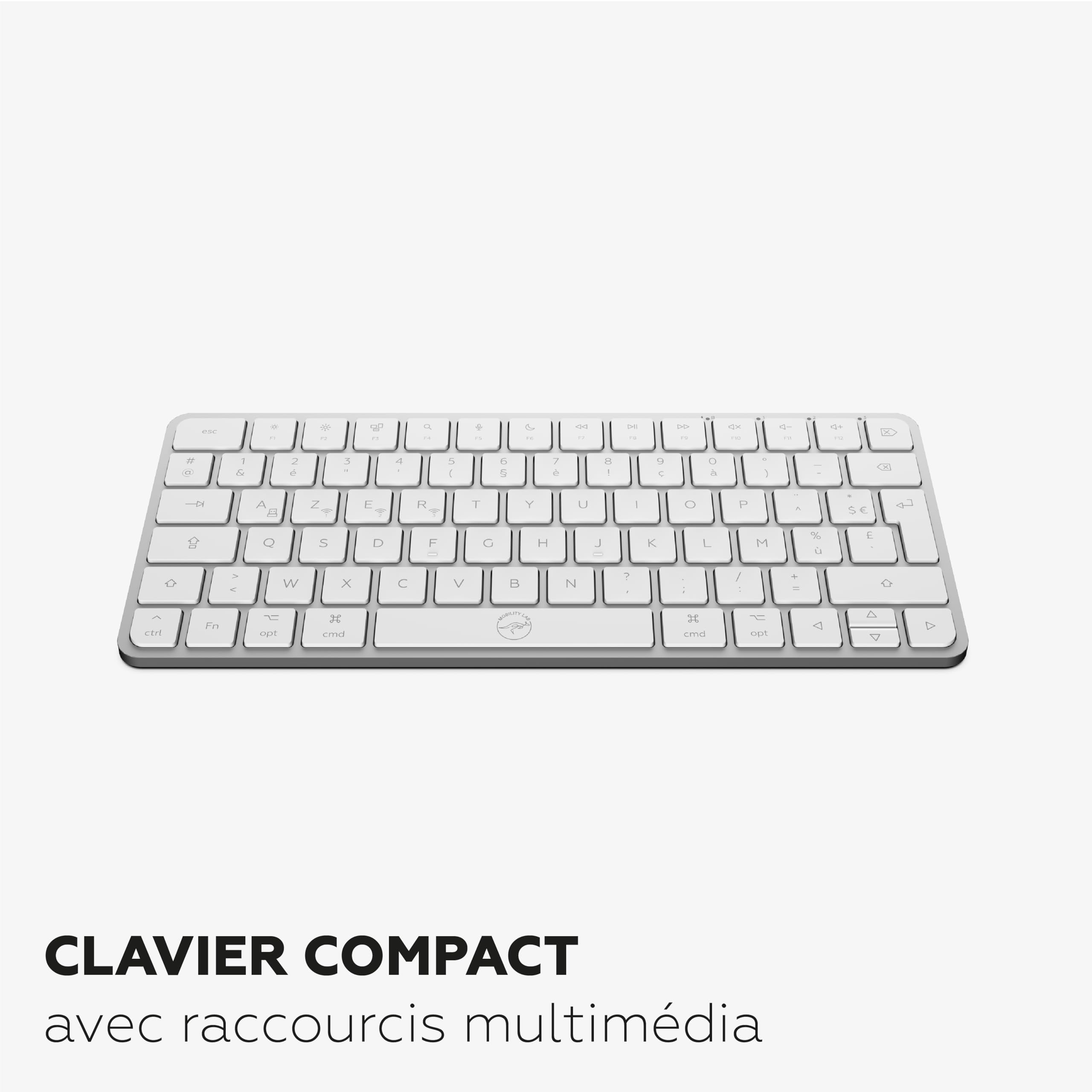 Mobility Lab – KMP2000W Mini – Tastiera Mac Mini Wireless Multi-Connessioni – AZERTY, ricevitore USB 2.4 Ghz + 3 Bluetooth, 12 scorciatoie multimediali, ricarica rapida tramite USB-C – Mac