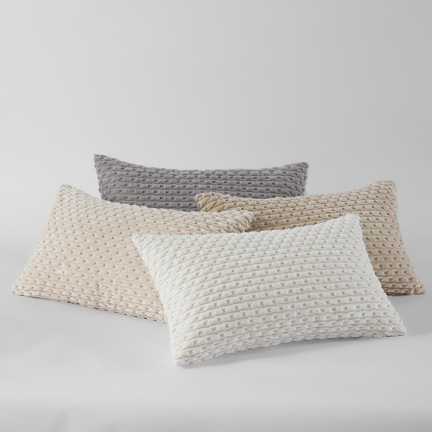 Fancy Homi Set of 4 Boho Lumbar Decorative Throw Pillow Covers 12x20 Inch for Couch Bed Sofa, Neutral Farmhouse Home Decor, Soft Fluffy Textured Corduroy Rectangle Aesthetic Cushion Case 30x50 cm