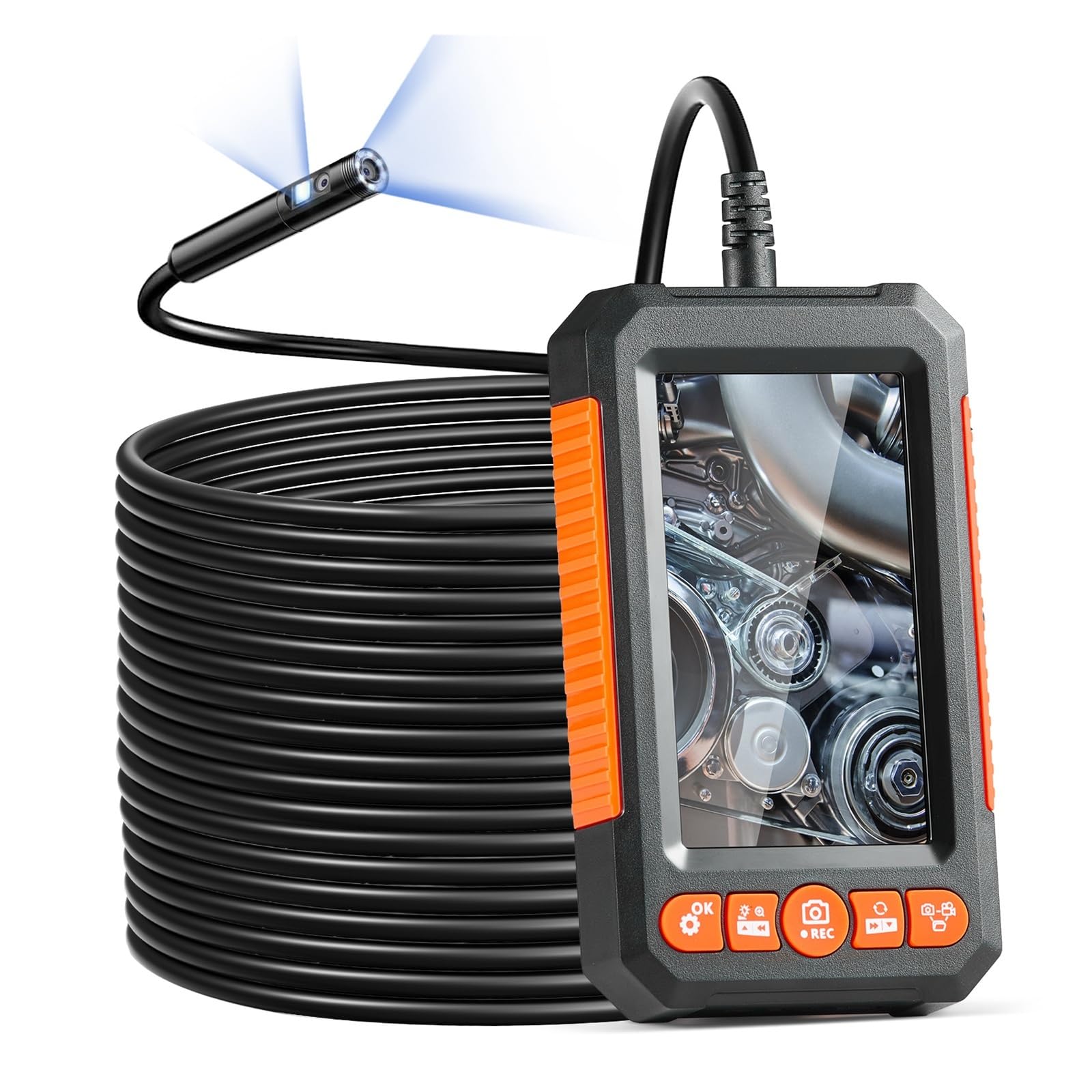 Telecamera for endoscopio, periscopio a doppia lente, telecamera di ispezione con schermo da 4,3" 1080P con luci a LED IP67 impermeabile for auto per fognature/tubazioni/automotive(15m Cable)