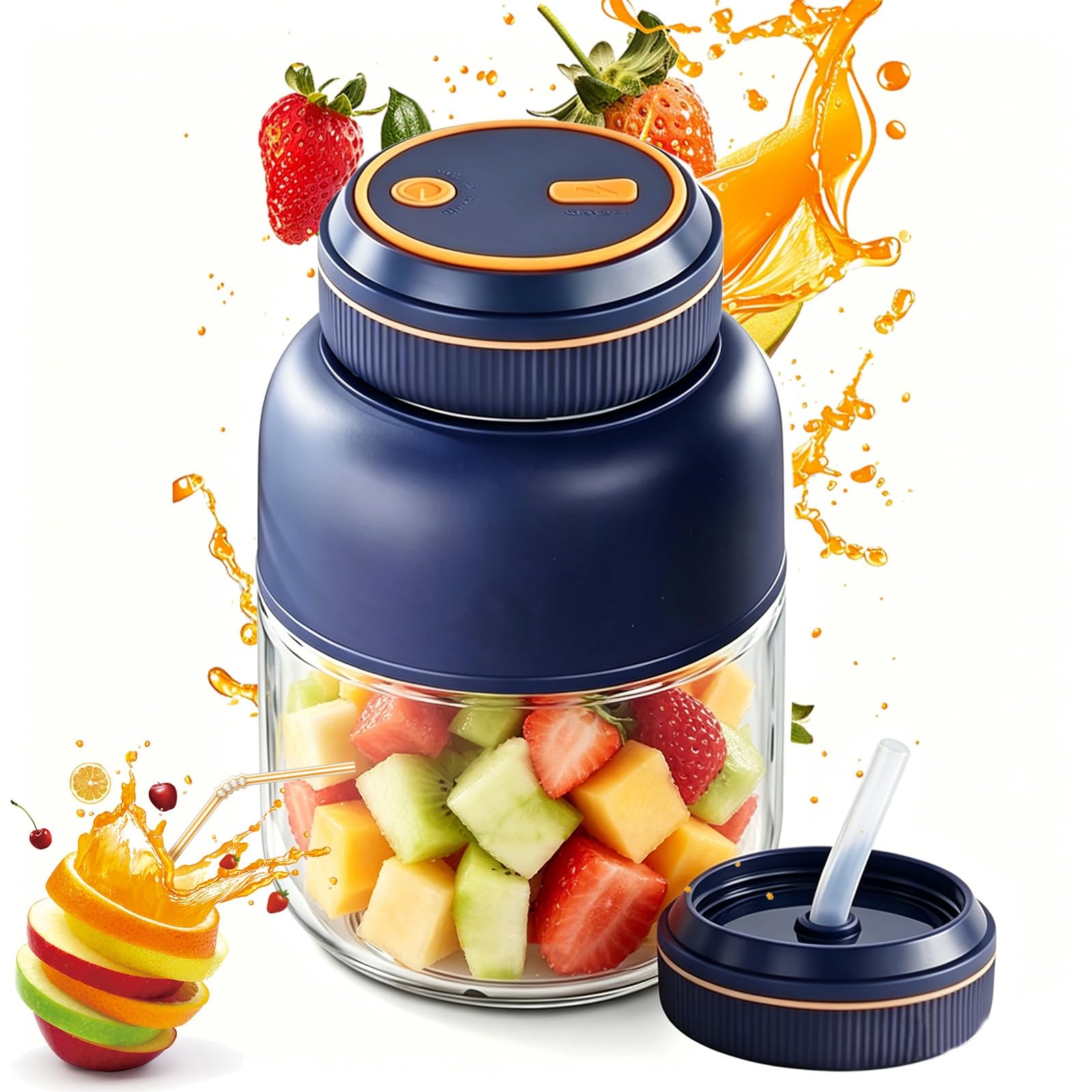 Portable Wireless Juicer Cup,USB Rechargeable Cordless Juicer Bottle with Straw & Lids, Mini Personal Electric Juicer Blender for Fresh Juice, Shakes, Camping, Office, Gym (800ml,Blue)