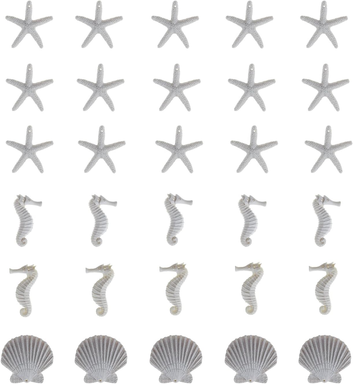 LJY 30 Pieces White Resin Pencil Finger Starfish Seahorse & Seashells Set with Drilled Holes for Wedding Home Decor and Craft Project