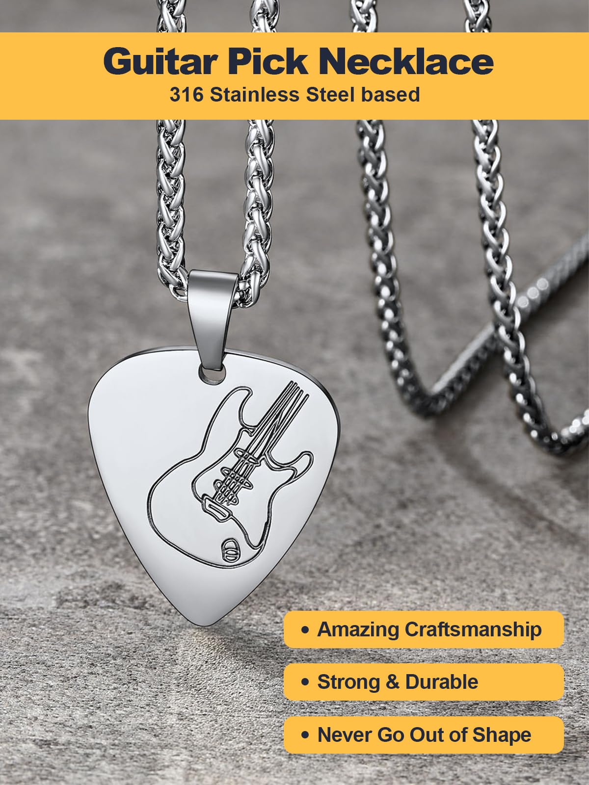 U7 Collana Uomo Ciondolo Chitarra Plettro, 8 Stili Musica Collana Plettro con Chitarra, Argento/Nero/Oro Collana Uomo Acciaio, Collana da Rapper Bambino Chitarristi Rock, Gioielli Personalizzati