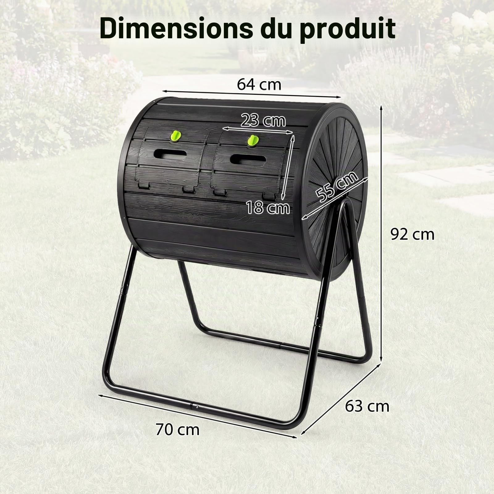 HOMASIS Composteur de Jardin Rotatif, Bac à Compost Extérieur 142 L avec Double Chambre en PP sans BPA, 2 Portes Verrouillables, Lames de Mélange, Support Métal, pour Déchets de Cuisine Jardin (Noir)