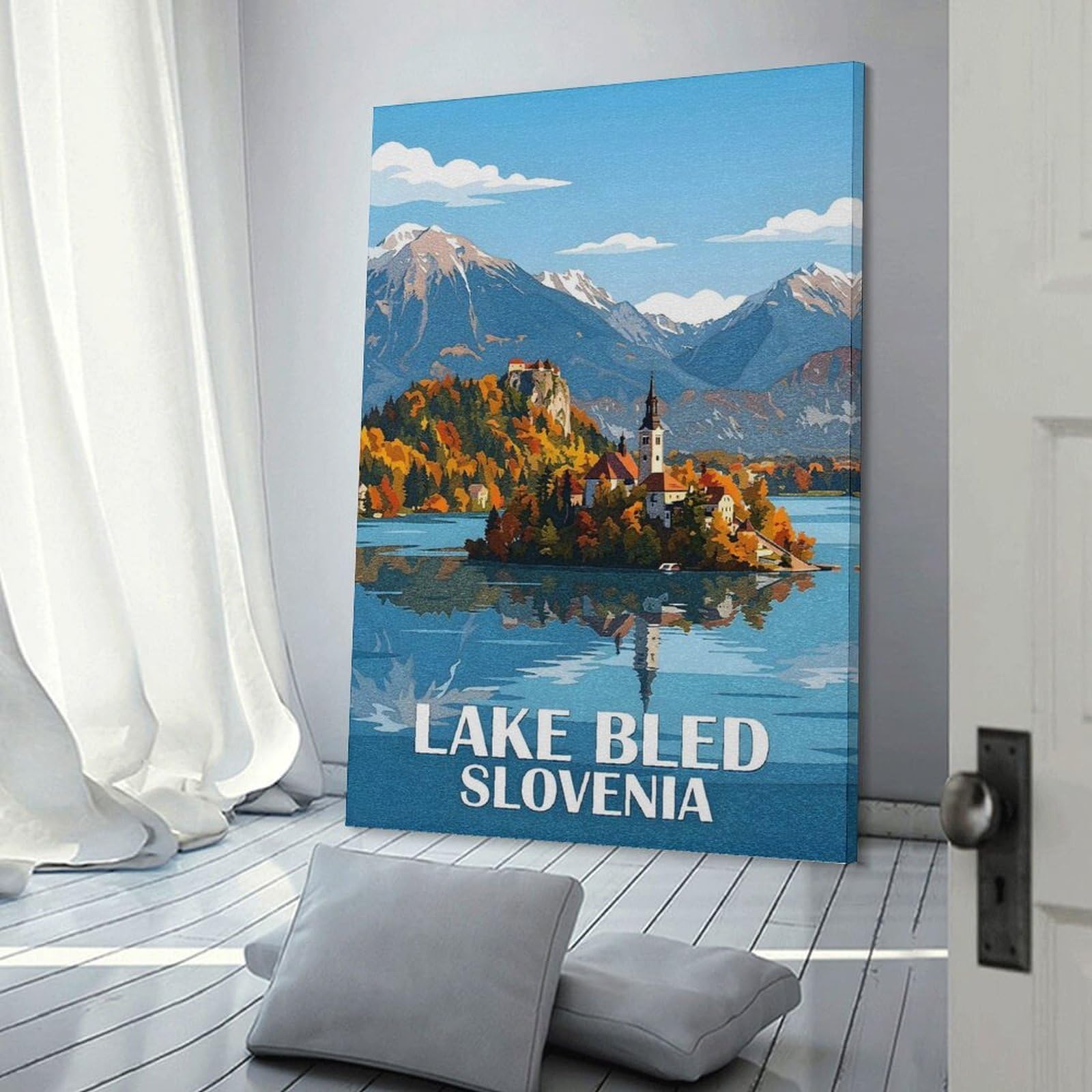 Junmoney Wall Art Print Lake Bled Slovenia Travel, 24x36inch(60x90cm), for Hallway, Bedroom Or Modern Interiors, Thoughtful Wall Decor for Art Lovers