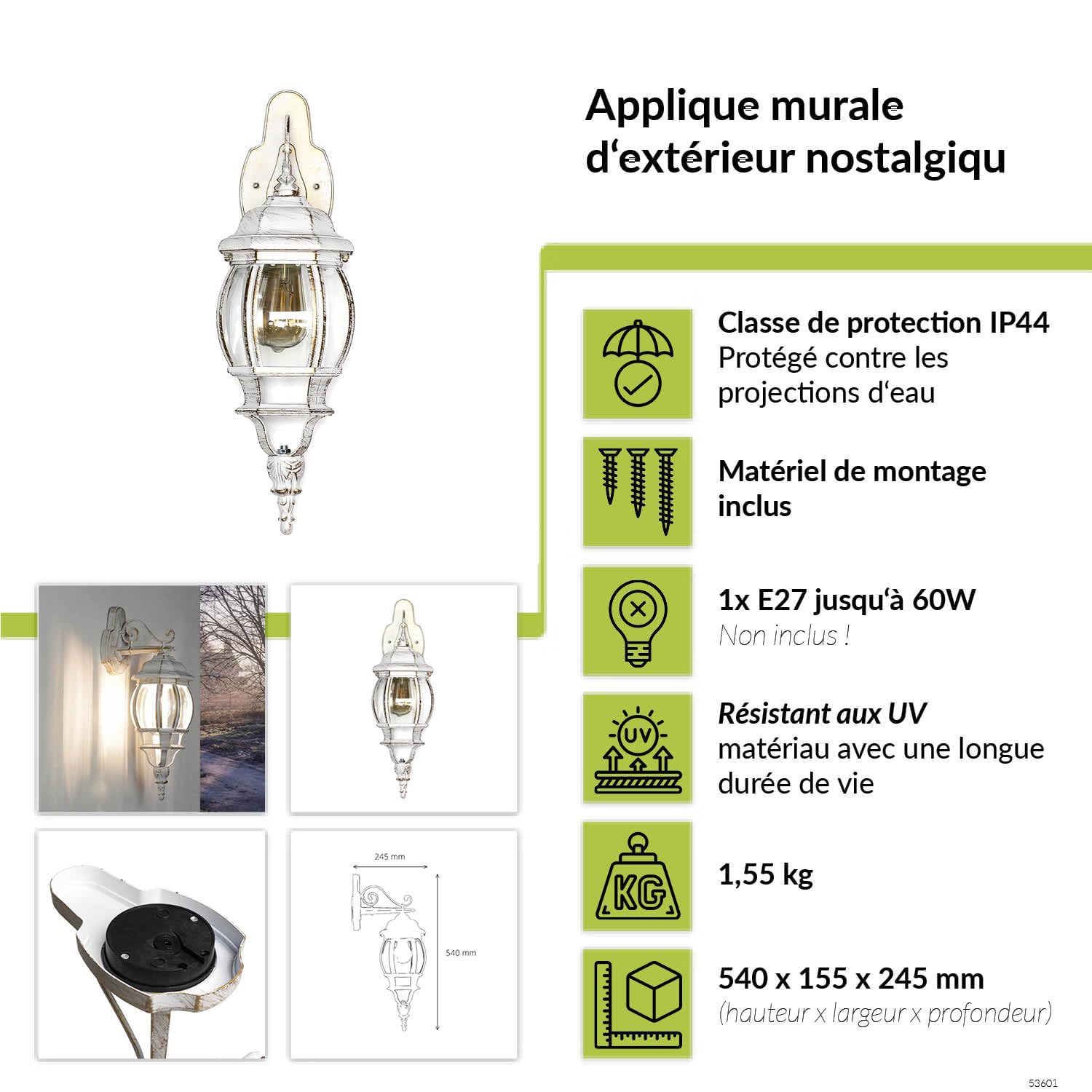 Lanterne murale en verre et aluminium blanc doré IP44 Terrasse Porte d'entrée P:24,5 cm E27 Lampe extérieure rustique de style campagnard Carport Jardin BREST