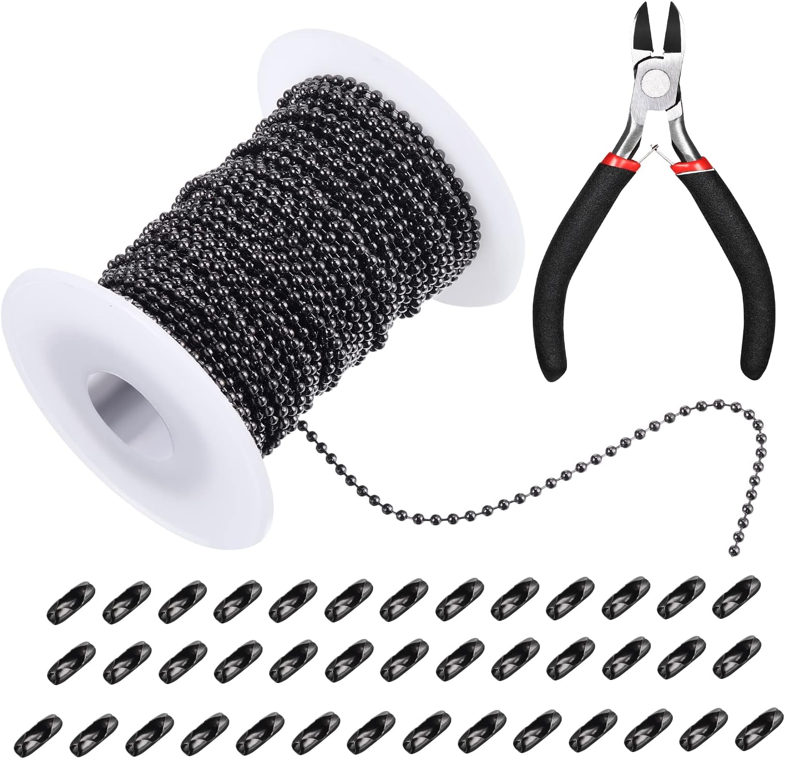 Mudder 65 ft Ball Necklace Chains, 2. 4mm Bead Link Dog Tag Chain Roll with 40 Ball Connectors and Plier for Necklace Hanging Ornament Key Chain Dog Pet Tags(Black)