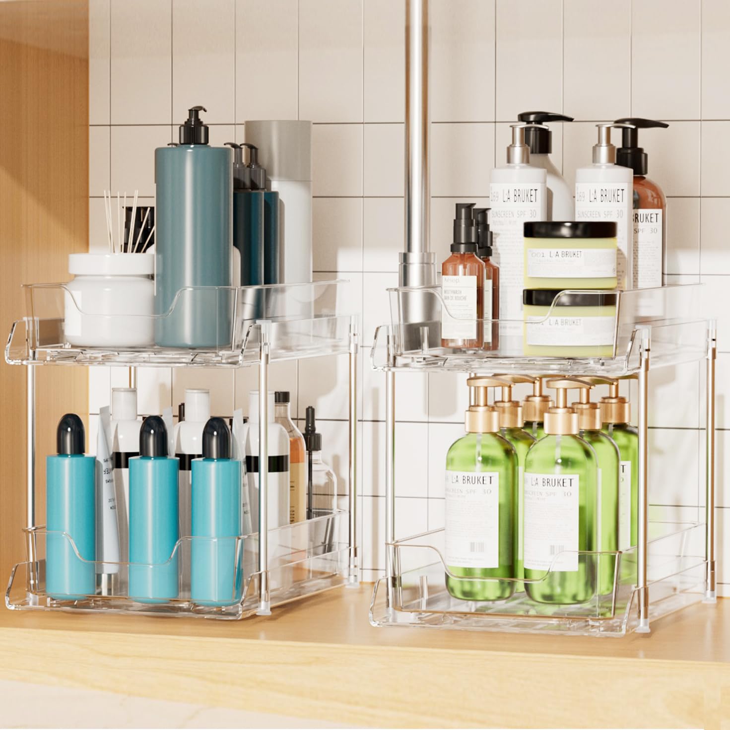 2 Tier Bathroom Under Sink Organizers and Storage, Multi-Purpose kitchen organization,2 Pack pantry storage, Clear Pull Out Organizer, Medicine Cabinet Drawers Bins with slide locking design.