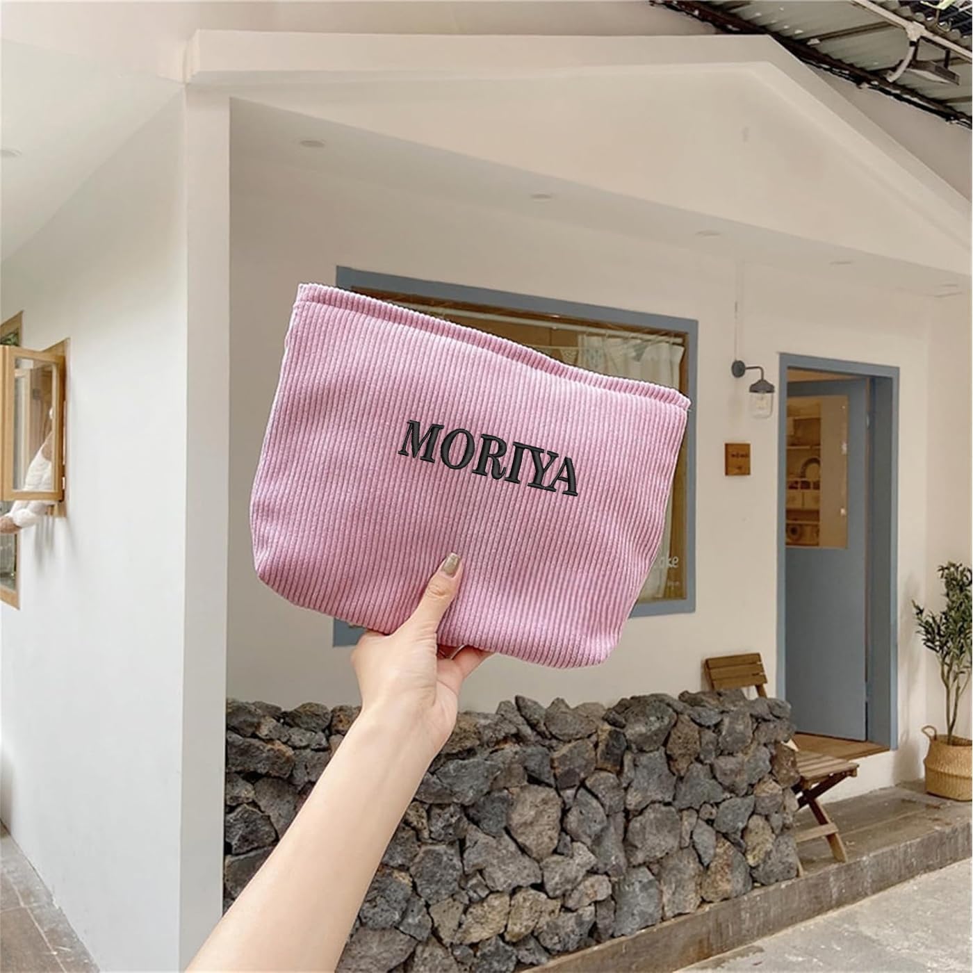 Personalised Corduroy Makeup Bag-Zippered Cosmetic Bag For Women Custom Embroidered Makeuo Pouch Organizer Gift for Her (3, Baby Pink)