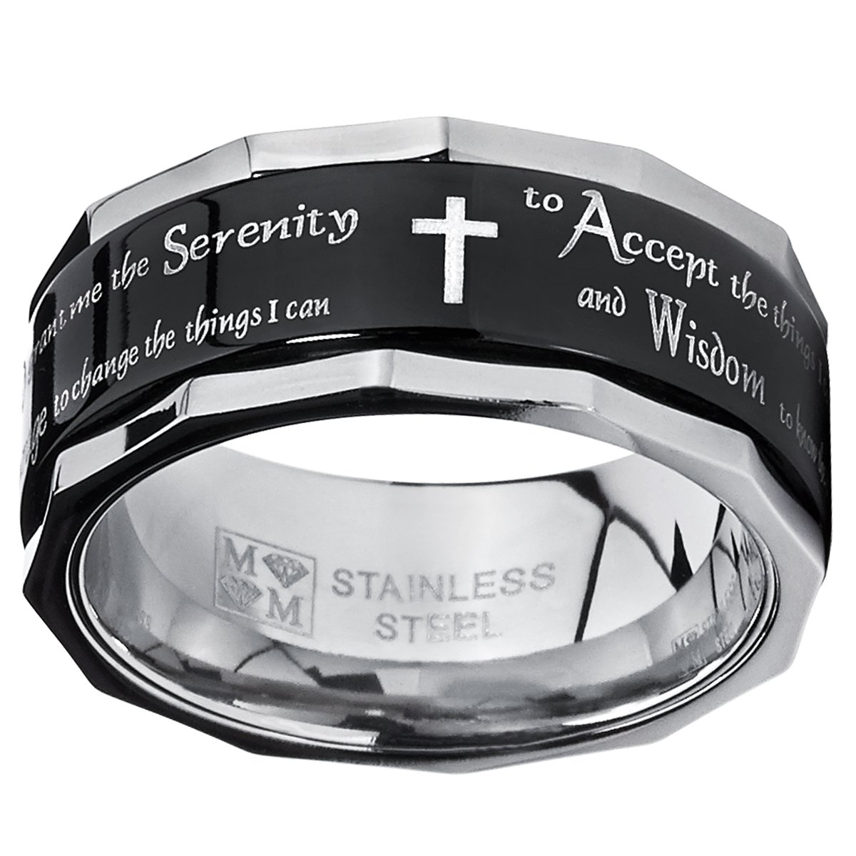 Metal MastersMen's Women's Black Stainless Steel Religious Cross Serenity Prayer Spinner Ring 9MM