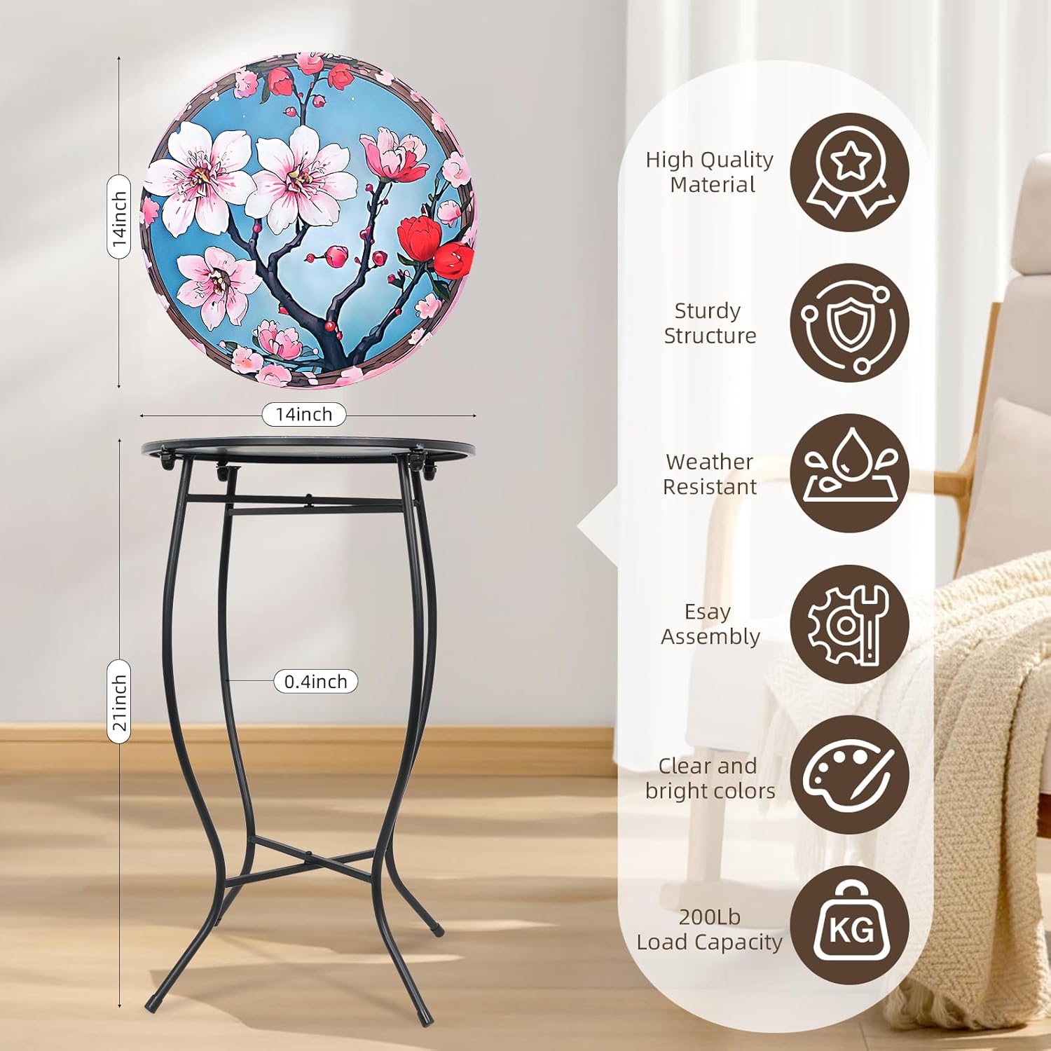 Small Outdoor Table, 21 Inch Heigh Weather Resistant Metal Round Outdoor Indoor End Table Side Table for Patio Yard Porch Balcony Garden Bedside, Easy Assemble
